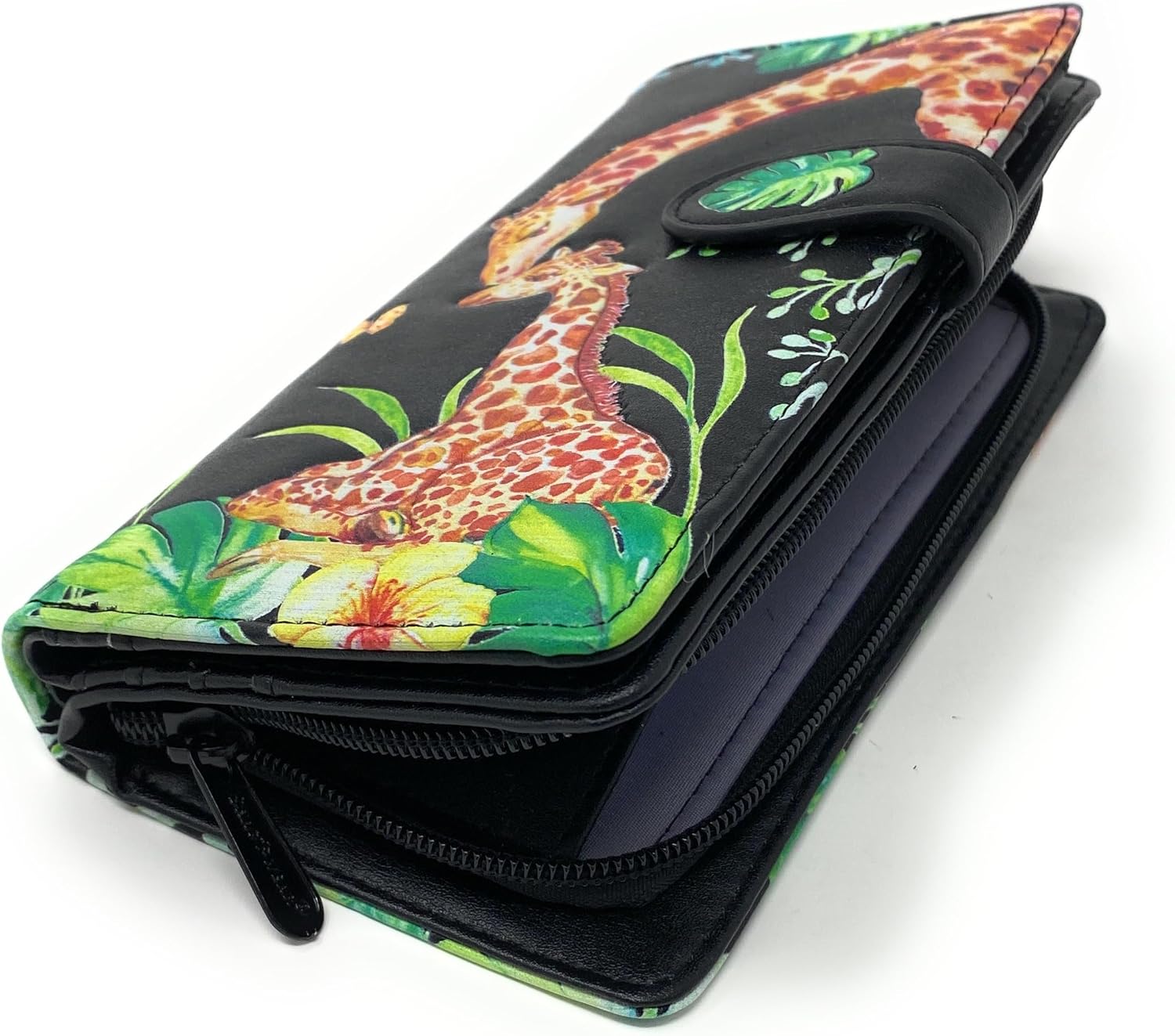 Shag Wear Giraffe Large Women’s Wallet, Vegan Faux Leather Bifold with Card Slots, Bill Compartments and Secure Snap Closure in Black 7" - Image 4