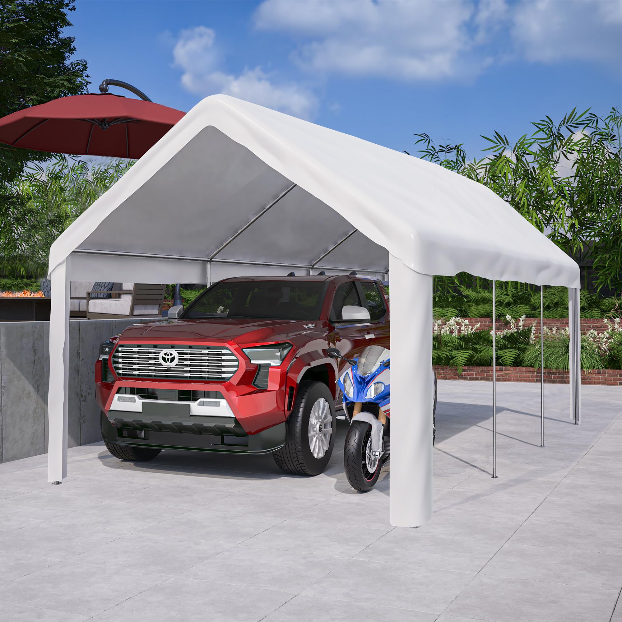 Carport Garaje tienda de campaña de 3 × 6 m, resistente al agua, con ventanas enrollables, paredes laterales desmontables y techo, cobertizo para coches, motos, camiones, barcos y dispositivos (blanco