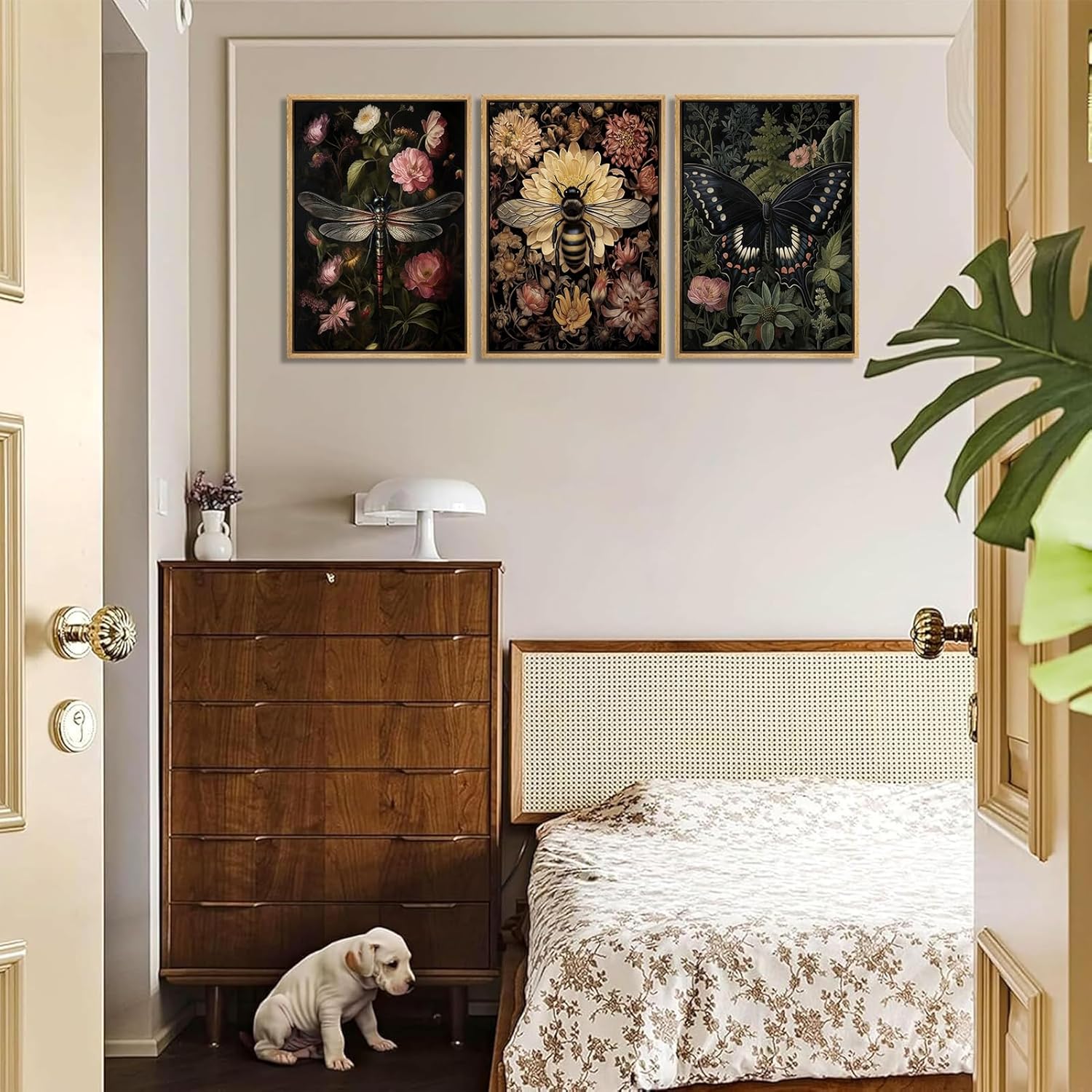 3Pcs Framed Vintage Insect Wall Art Paintings Dark Floral Wall Decor Pictures Dark Academy Dragonfly Butterfly Bee Prints Gothic Moody Artwork for Living Room Gallery Decoration 12x16in