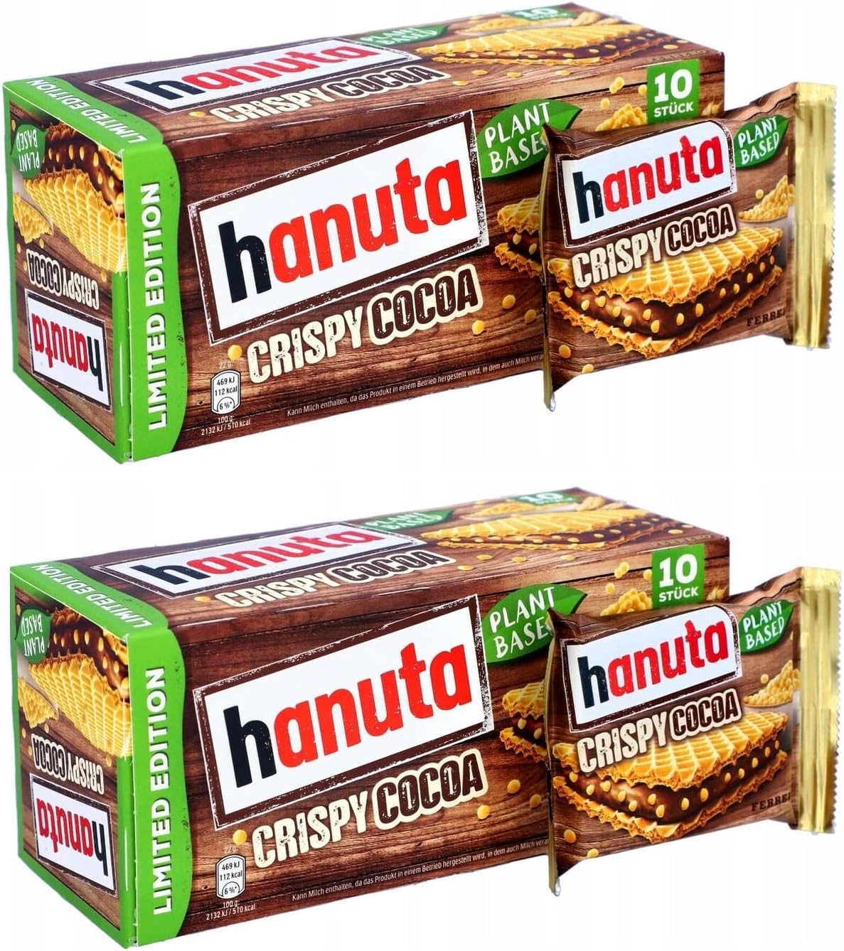 Ferreros Hanutas Crispy Cocoa Plant Based Wafer bar Filled With a Plant-Based Cocoa Hazelnut Cream and Quinoa Crispies Limited Edition Each 220g Pack Of 2 (From Italy)
