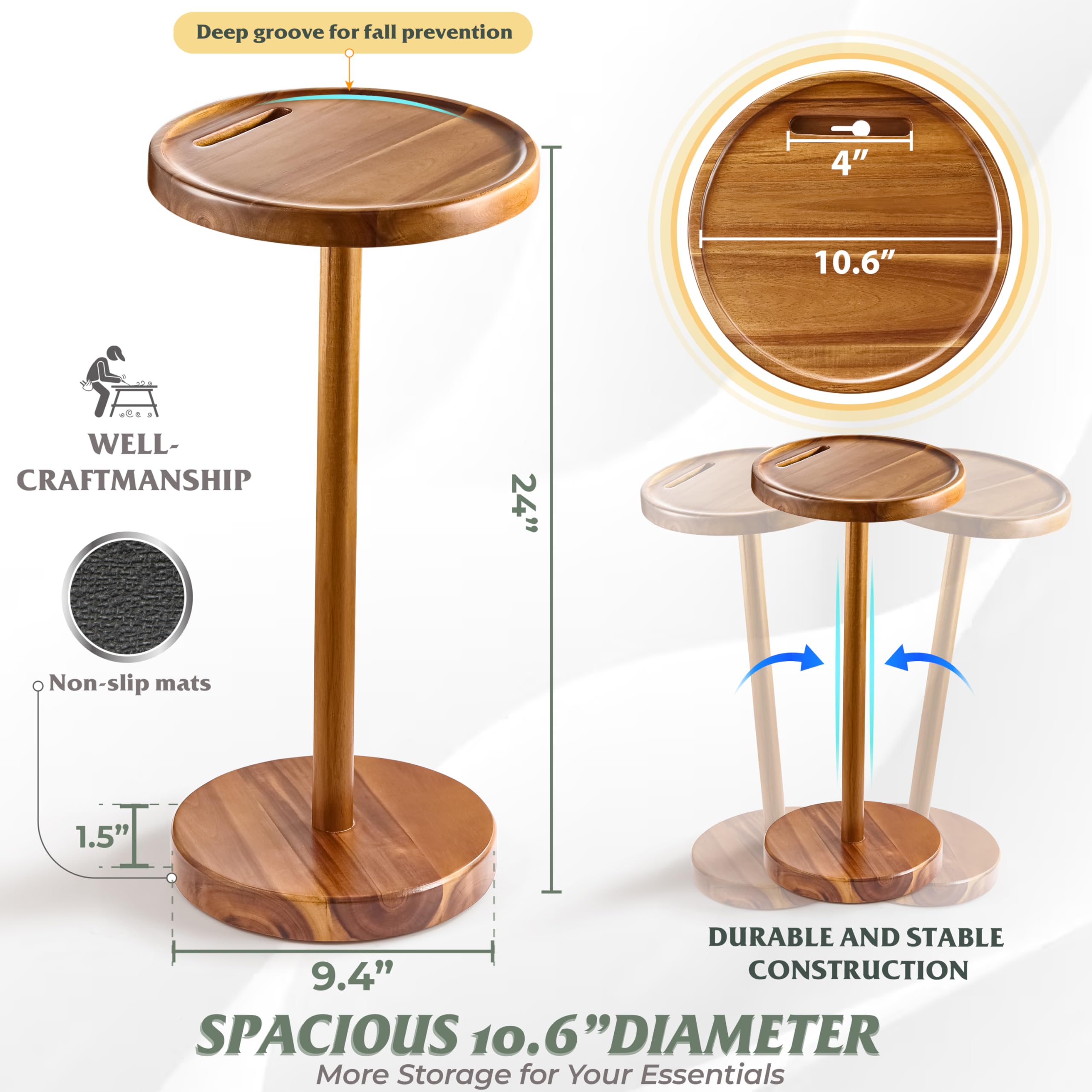 BLUEWEST Mesa auxiliar compacta de 24.4 pulgadas de alto con ranura para teléfono y base pesada, mesa de pedestal duradera para sala de estar (Acacia, base individual)