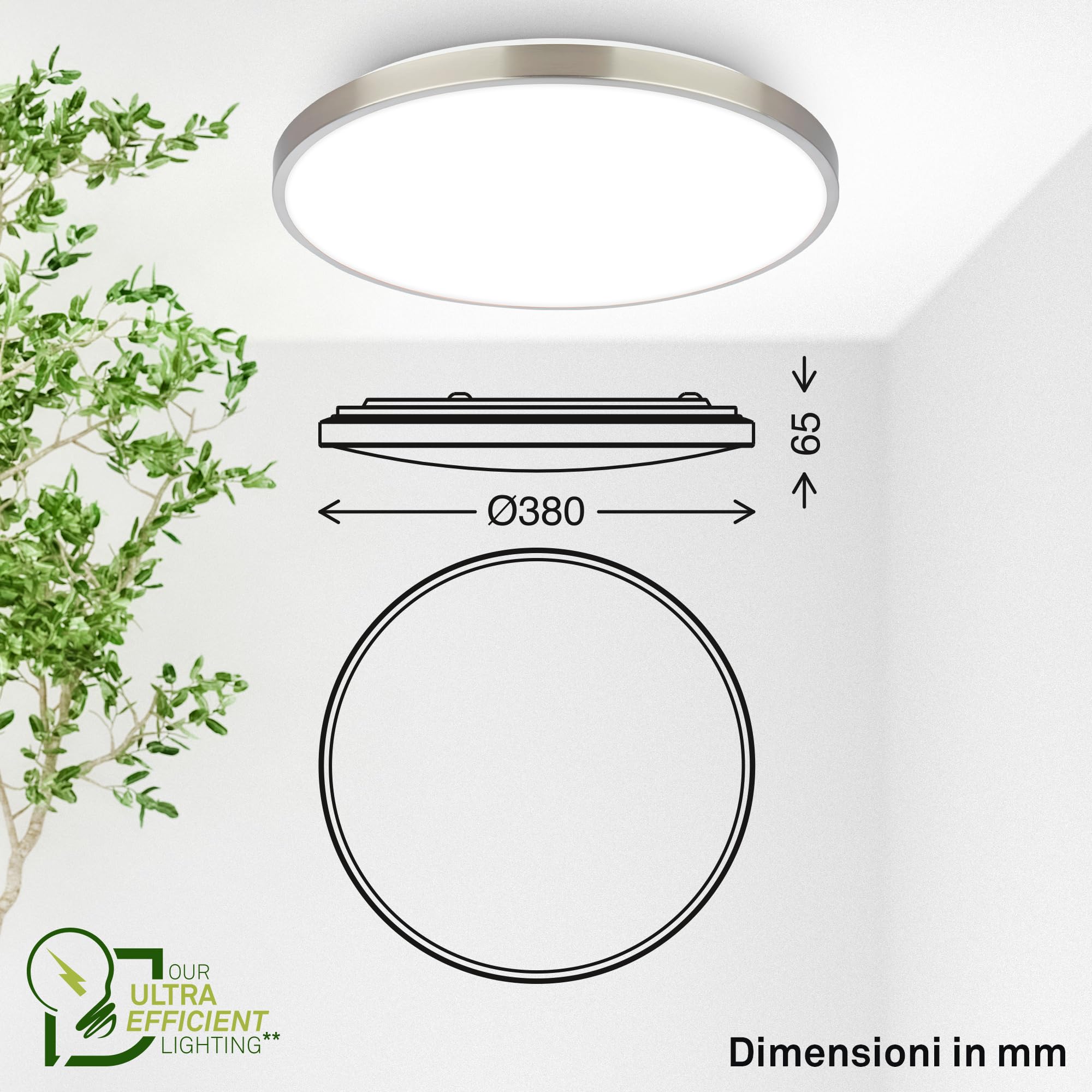 BRILONER - Plafoniera LED, CEE A sorgente luminosa, 17,1W a 3900lm, luce bianca neutra, decoro in alluminio, lampada soffitto, plafoniere da soffitto, lampadario, 38x6 cm, nichel opaco