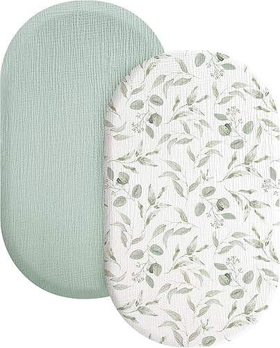 Konssy Paquete de 2 sábanas bajeras de muselina para bebé niña y niño, suaves y transpirables, aptas para moisés, cuna, cesta de moisés ovalada,