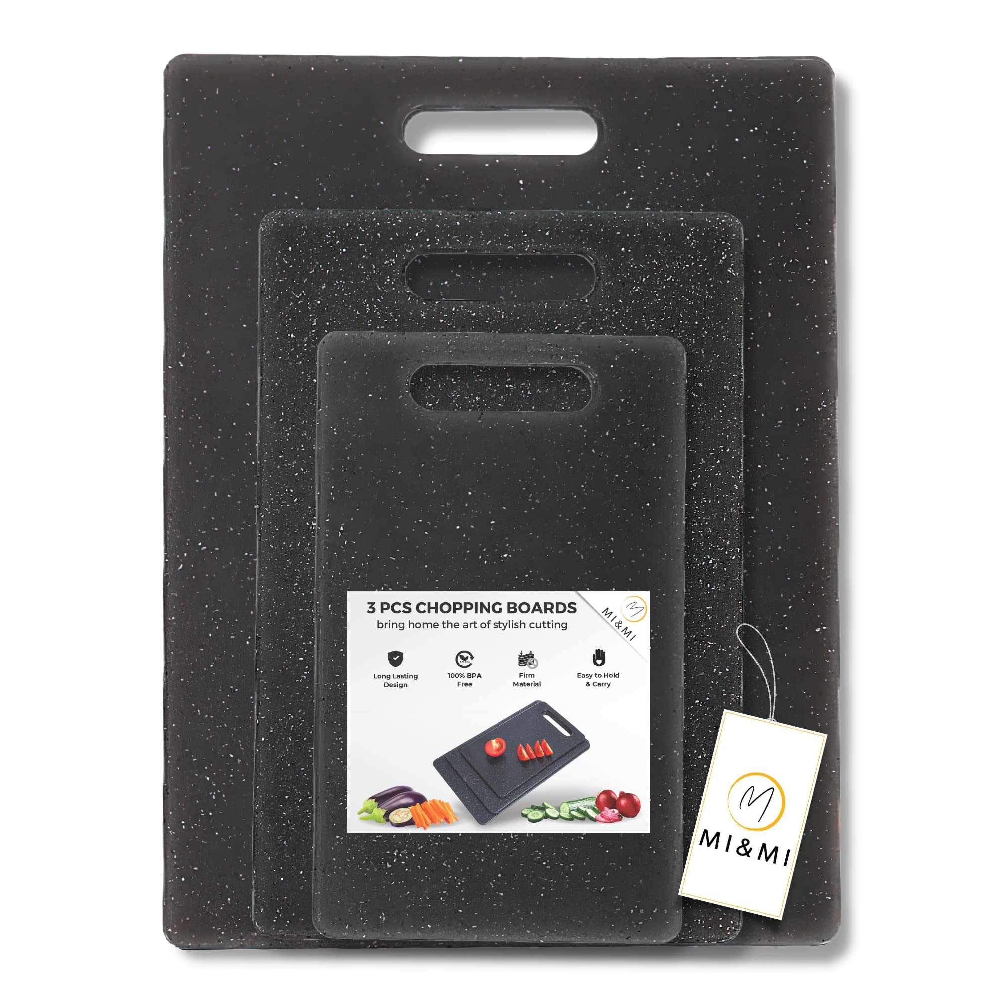 MI&MISet of 3 Reversible Cutting Board, Plastic Chopping Board for Kitchen, BPA Free Food Safe PP Marble Material, Non-Slip Design with Easy Grip Handle, Dishwasher Safe (Black)