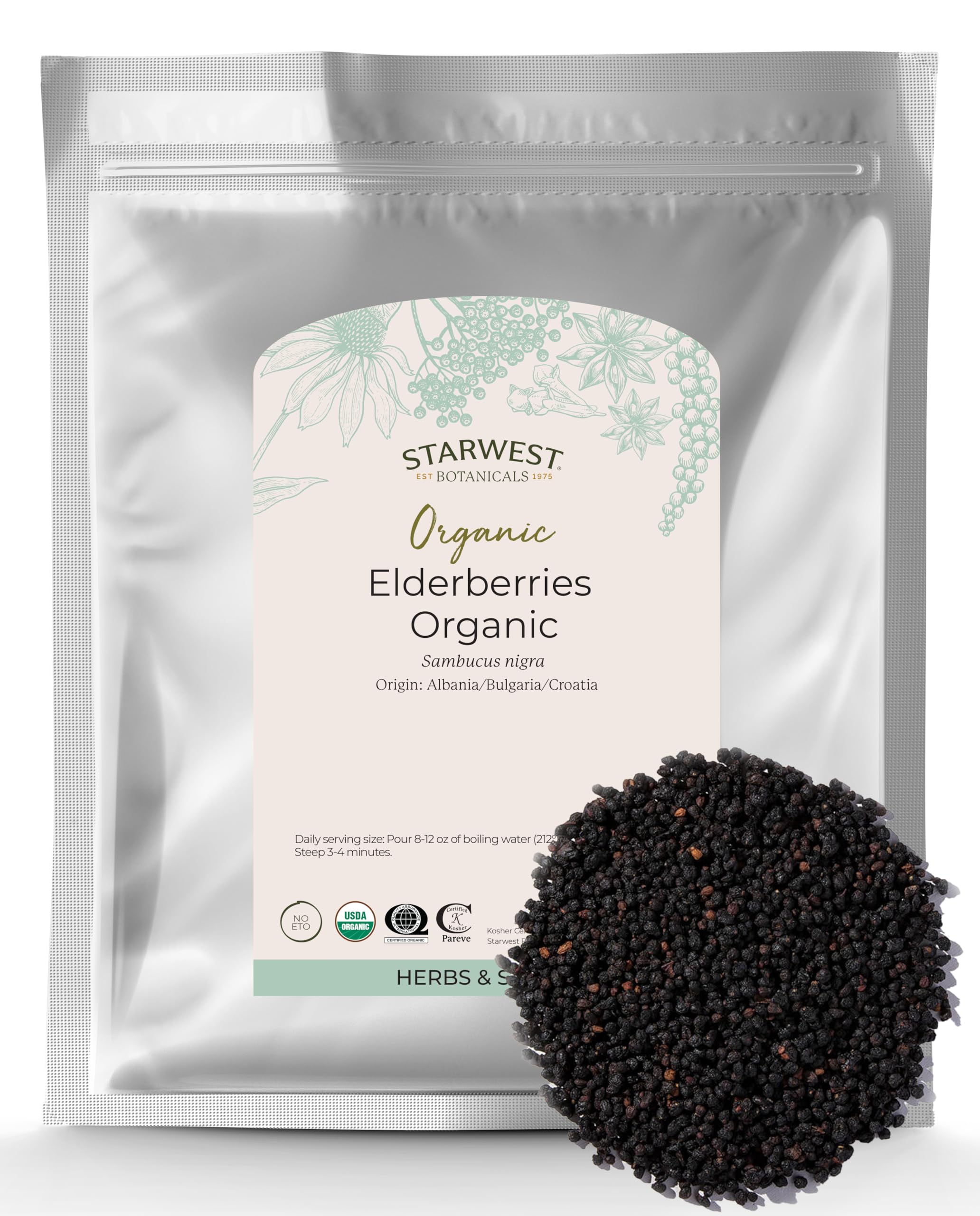Starwest Botanicals Organic Elderberries - Dried Elderberries for Syrup, Tea, Gummies, & Jam, Natural Immune Support, Certified Kosher, Non-GMO - Bulk 2 lb Bag