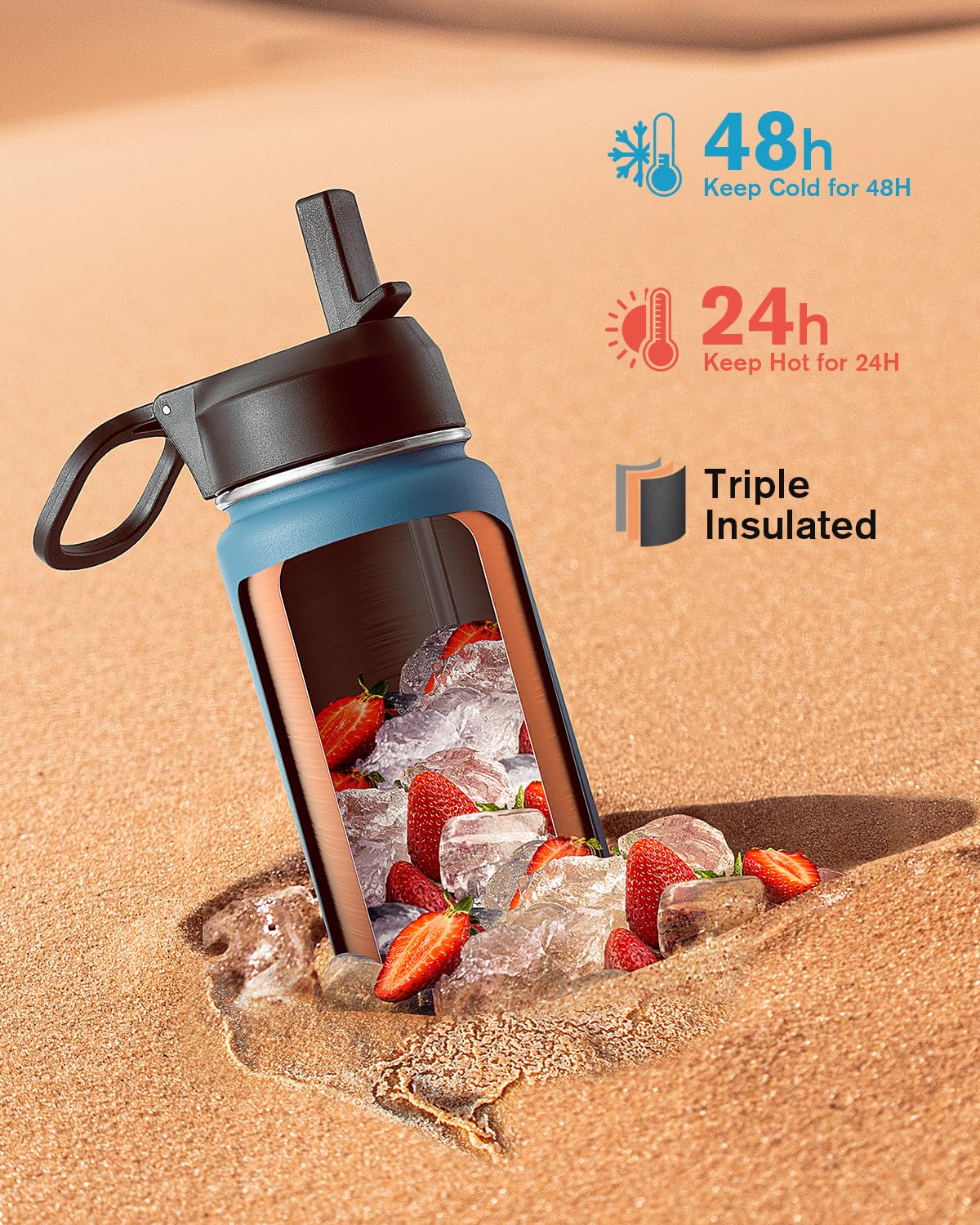 Coolflask Borraccia termica da 590 ml, con cannuccia, in acciaio inox, con 3 coperchi, imboccatura larga, per sport o ufficio, senza BPA, mantiene il freddo fino a 48 ore o caldo fino a 24 ore, colore
