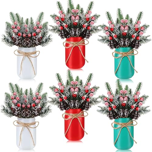 Miniatura 1 de Juego de 6 tarros de Navidad para centros de mesa con ramas de pino de Navidad, conos de pino, bayas, tarros decorativos de boca ancha, centro de