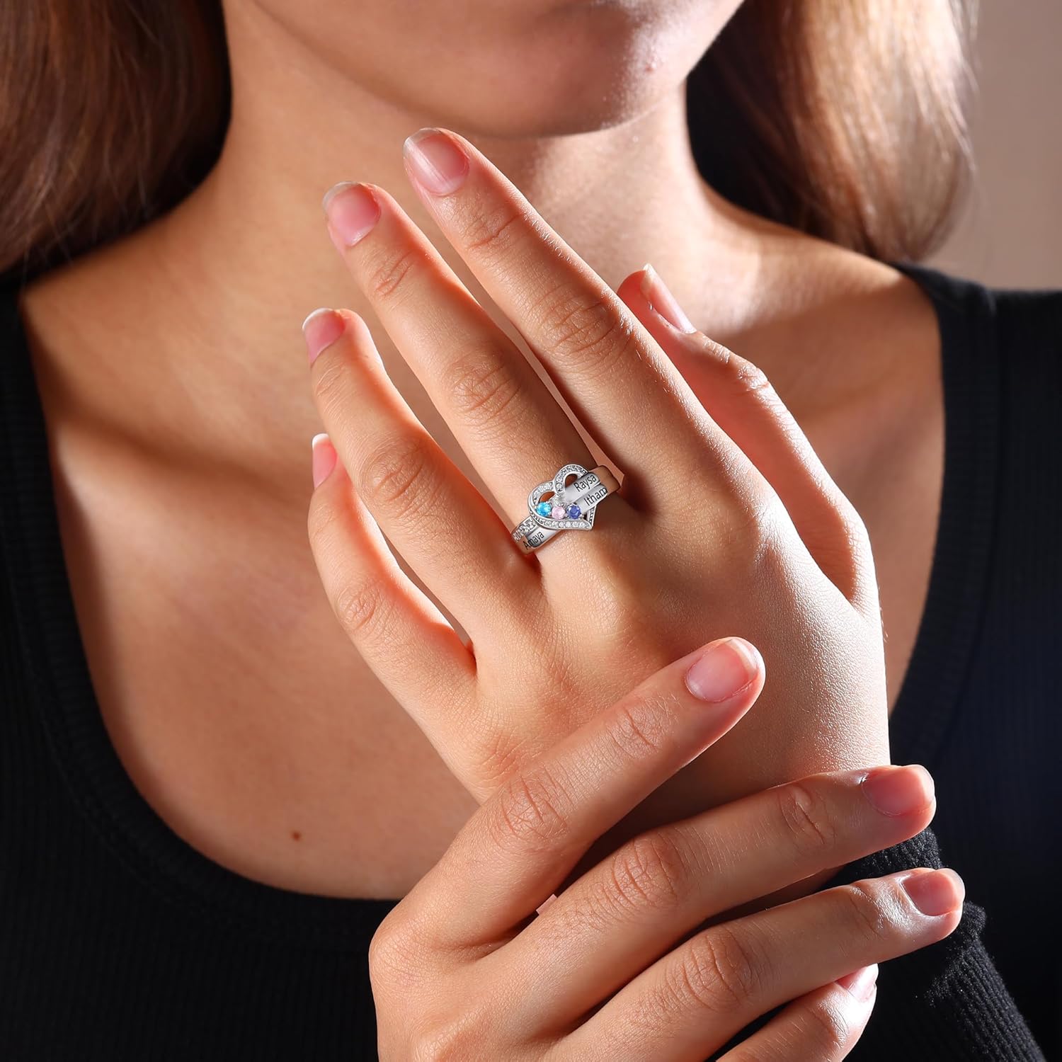 925 Sterling Silver Personalized Mothers Ring with 2 Birthstones Custom Engraved Name Engagement Wedding Promise Rings for Women Mothers Day Birthday Gifts for Mom Grandma Wife - Image 7