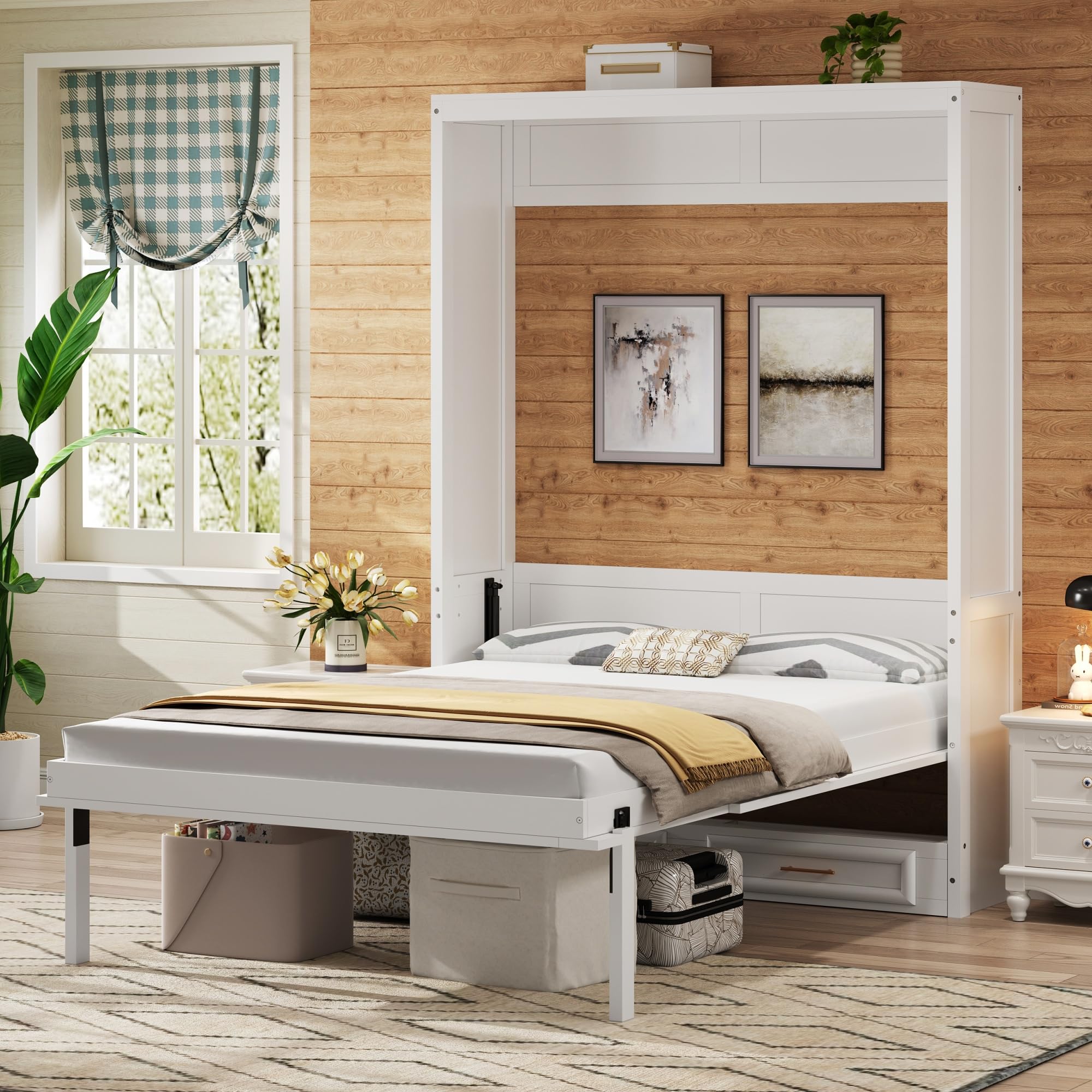 Merax Modern Full Size Murphy Bed with 2 Drawers, Space Saving Wall Bed Foldable into Wardrobe, Solid Pine Wood Frame, No Box Spring Needed, Beige