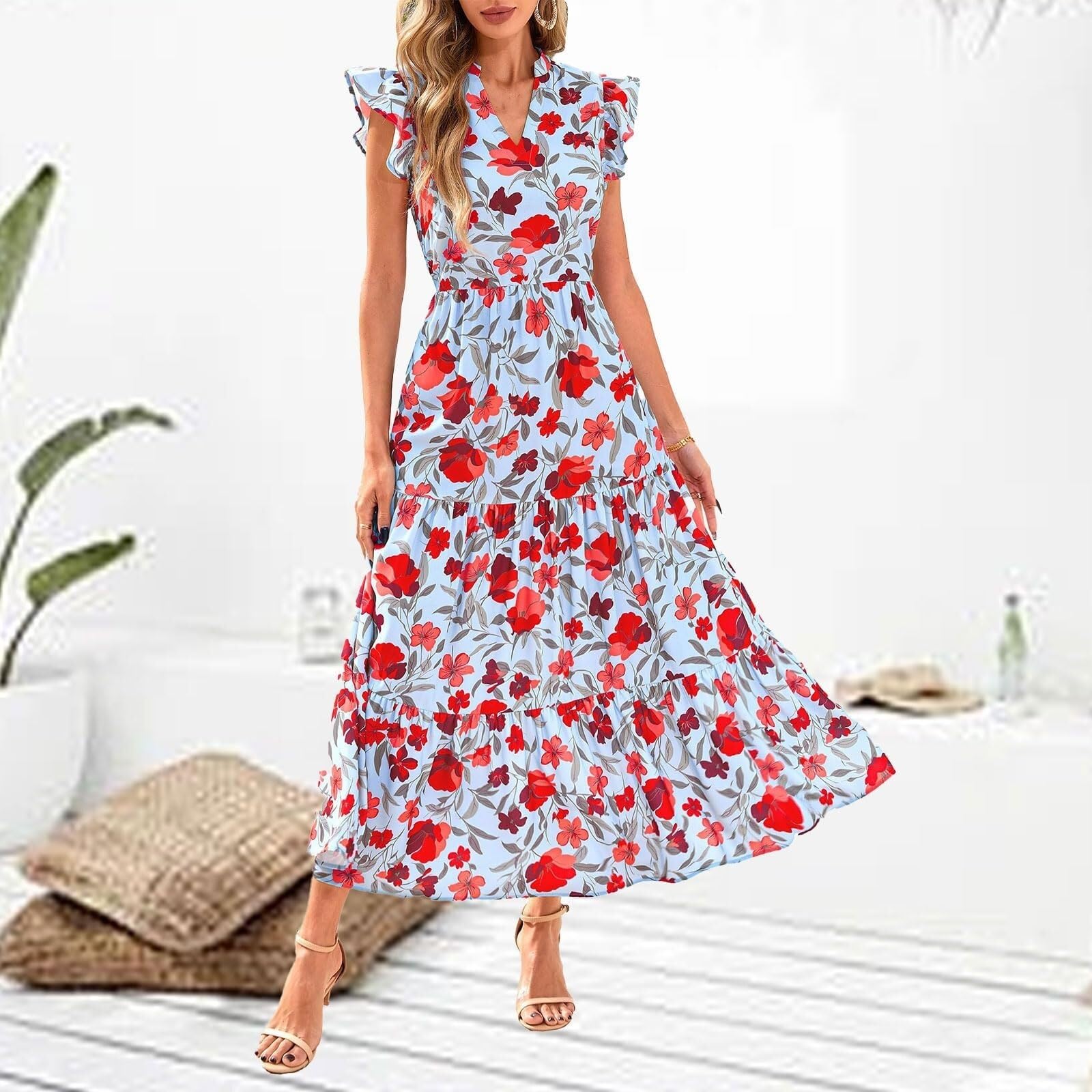 slim fit dress slacks PRETTYGARDEN Womens Summer Puff Short Sleeve Maxi Dress Square Neck Sm