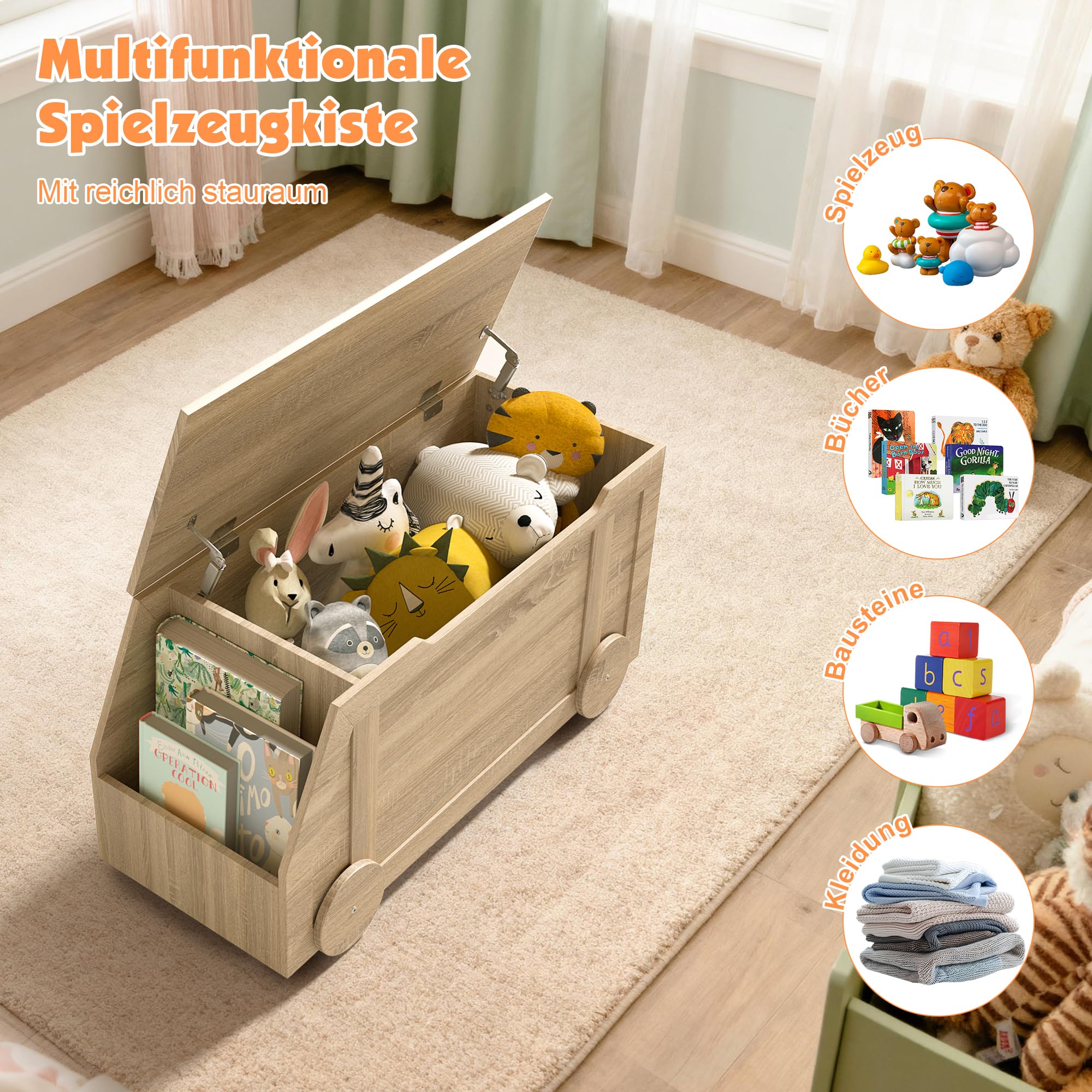 NACHES Sitzbank mit Stauraum, 100 x 40 x 51cm, Kinderzimmer (Natur) | Spielzeugkiste für Kinder, mit Deckel, Spielzeug Aufbewahrungsbox, für Flur, Schlafzimmer, Wohnzimmer