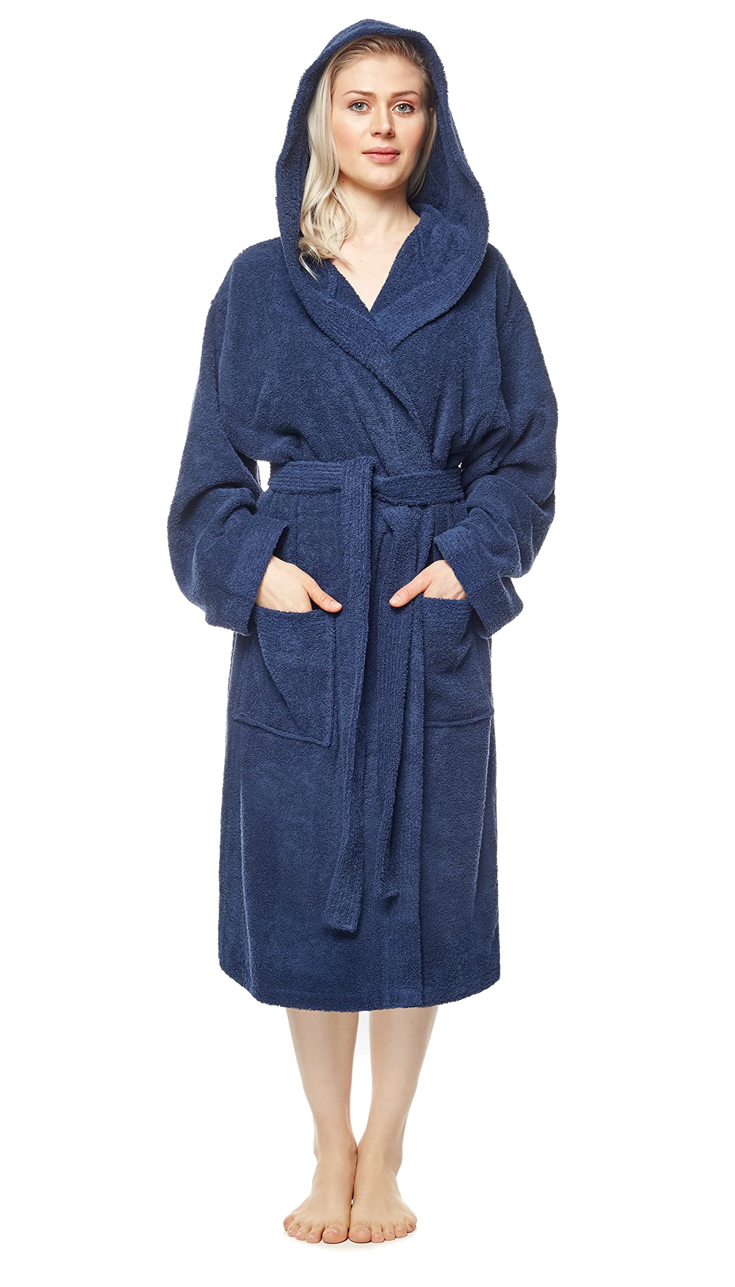 Arus Women's Marine Bathrobe With Hood, Calf-Length, 100% Cotton Terry, Xl-Xxl