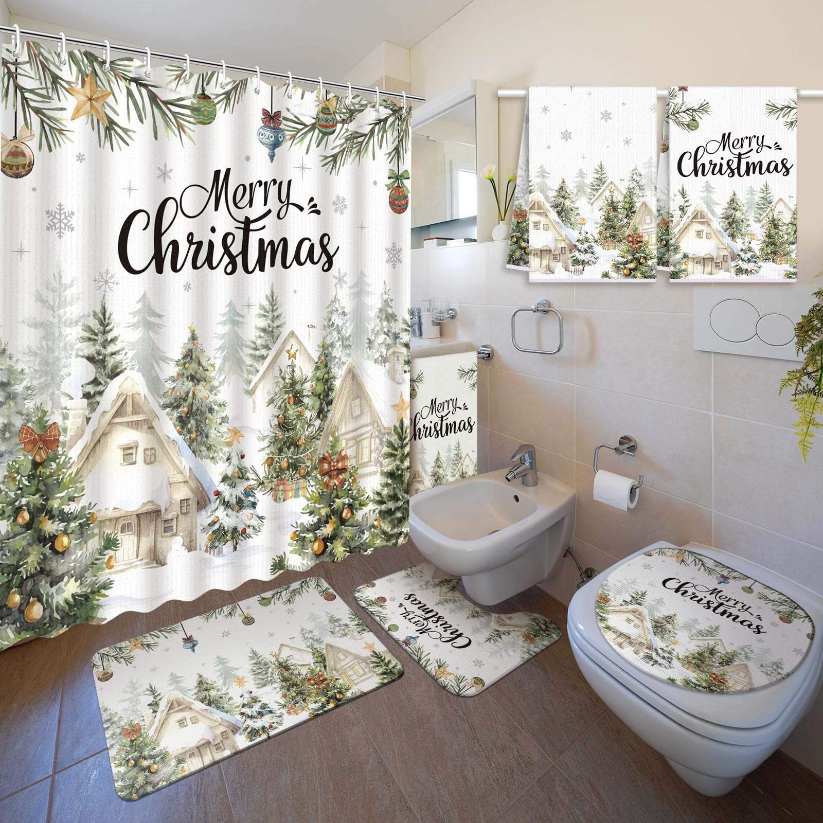 Nuanchu 6 Pcs Christmas Shower Curtain Set with Rug Pine Bathroom Sets