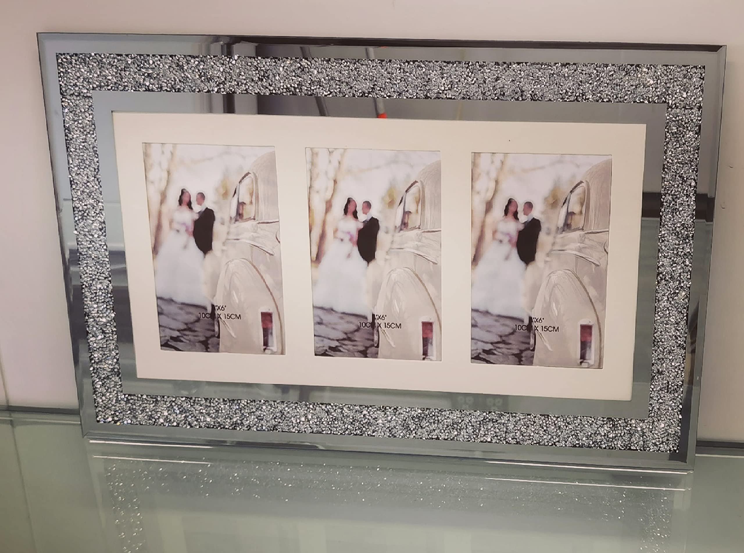 Deenz Mirror Silver Silver Diamante Crushed Crystal Photo Frame Multi Aperture Picture Photo Frame For 3 Photos 4X6 Inch Photo (48Cmx29cm)