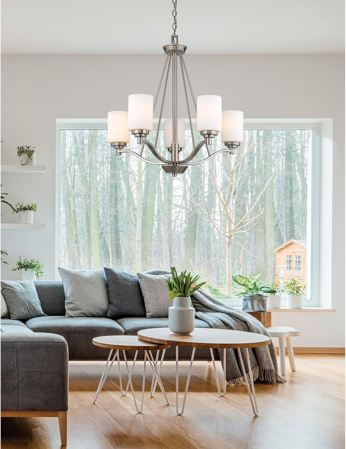 ML Lighting 3155-SN Transitional Five Light Chandelier from Durham Collection in Pewter, Silver Finish, Satin Nickel