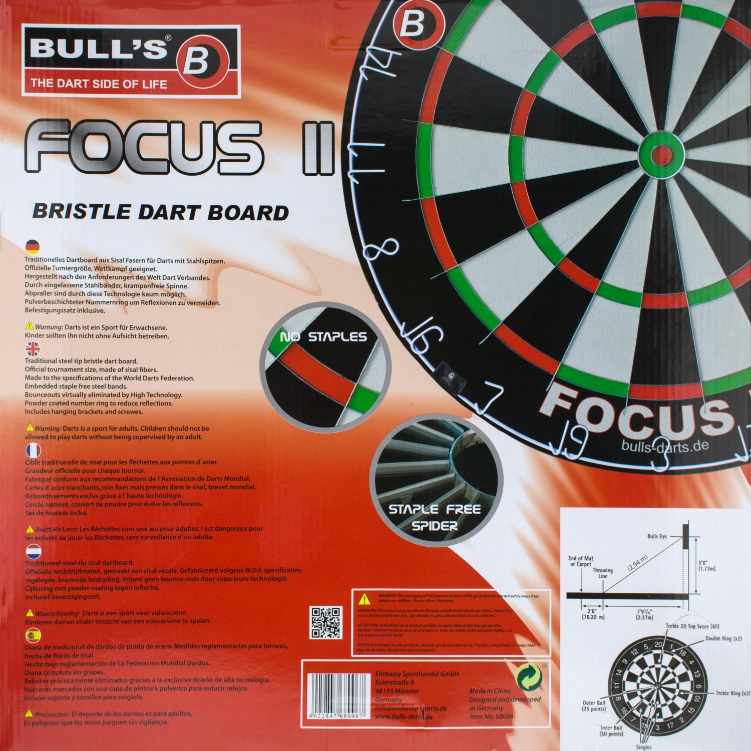 Bull's Focus II Bristle Dartboard/Dartscheibe, Black/White/Red/Green, 45,5 cm, 68006