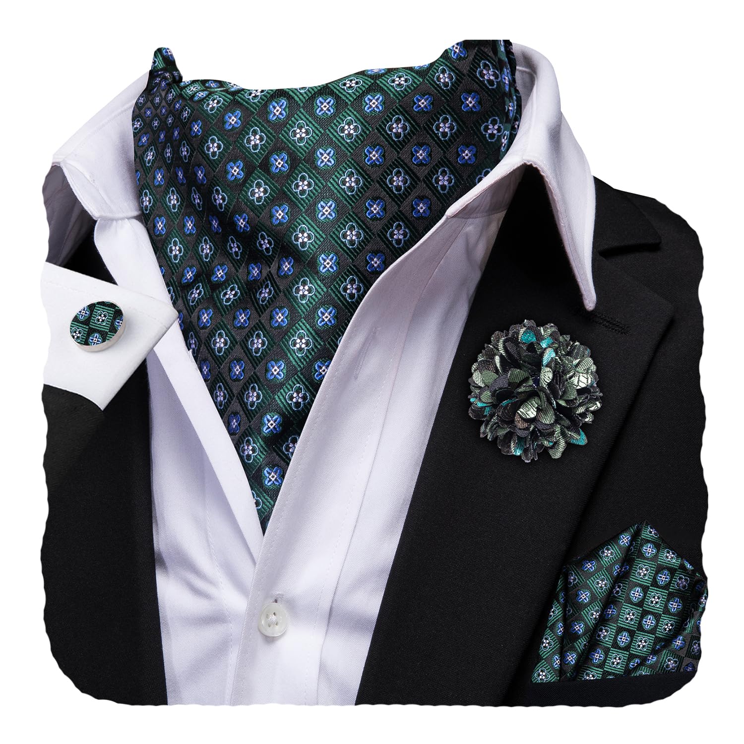 Hi-Tie Silk Ascot for Men Self Tie Men's Cravat and Flower Lapel Pin Handkerchief Cufflinks Set for Wedding Party
