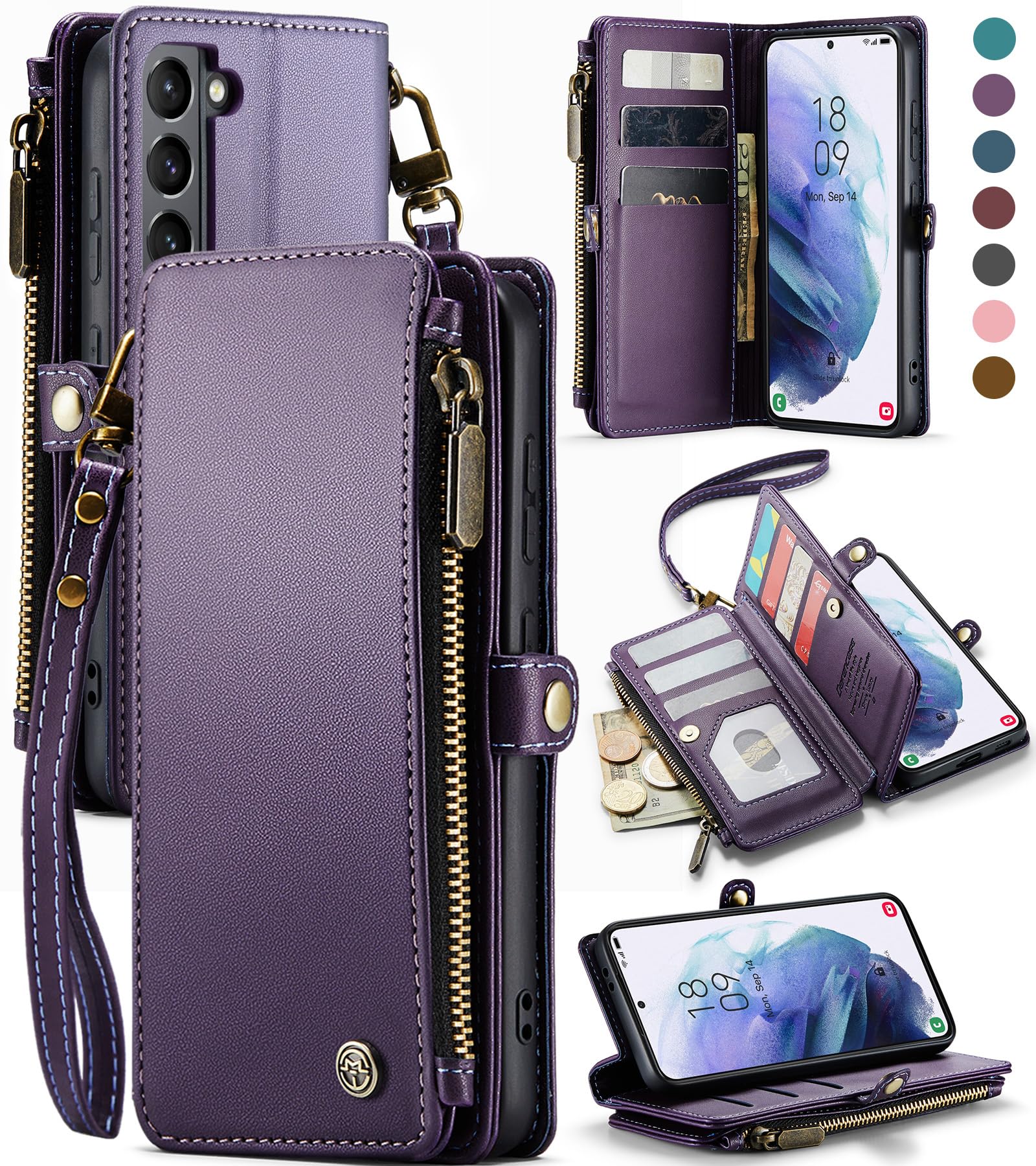 Defencase for Samsung Galaxy S21 Case, RFID Blocking for Galaxy S21 Case Wallet for Women Men with Card Holder, PU Leather Wrist Strap Zipper Pocket Magnetic Flip Phone Case for Samsung S21 5G, Purple