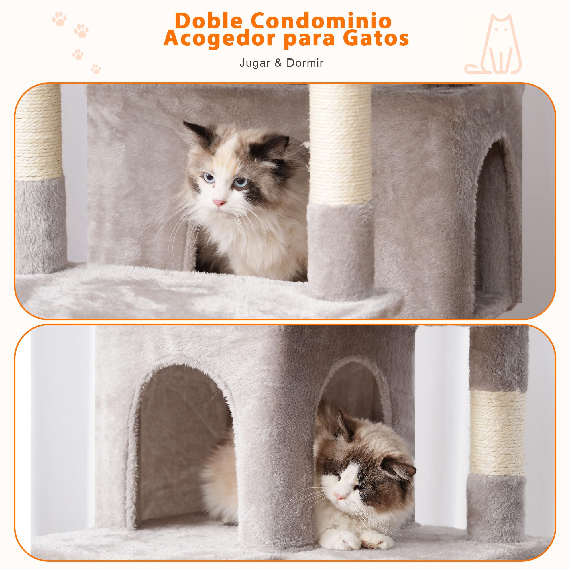 Heybly Árbol para Gatos Alto, 178 cm Altura, Columna Rascador para Gatos Domésticos, Árbol Multi - Niveles: 8 Columnas Rascador, 2 Huecos, 2 Plataformas, Hamaca y Cesto,Gris humeado HCT036W