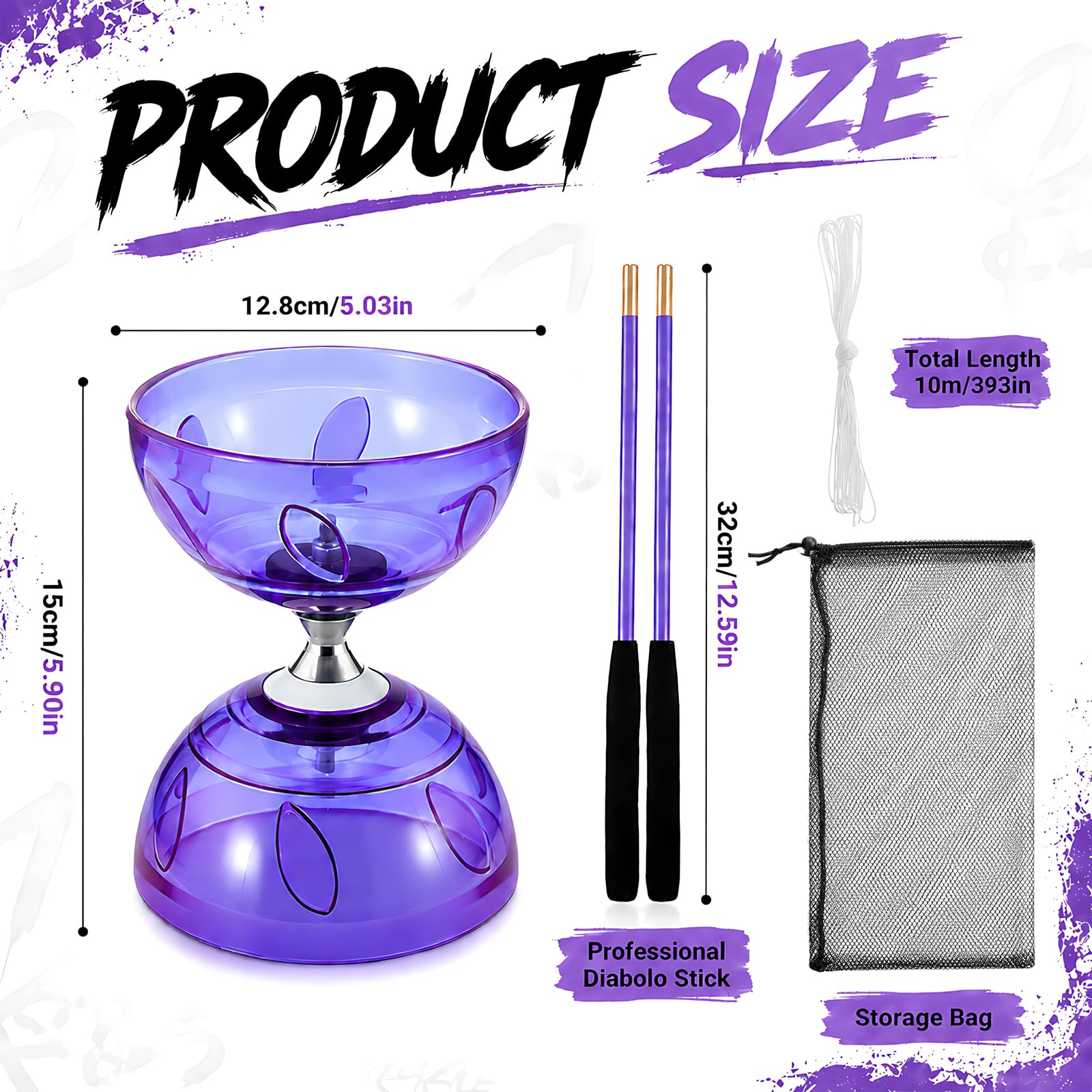 Diabolo Roulement à Billes, Diabolo Lumineux, Kit Lumineux Diabolo avec Corde de 10 M, Ensemble de Jonglage à Roulements à Billes pour Débutants et Professionnels (Violet)