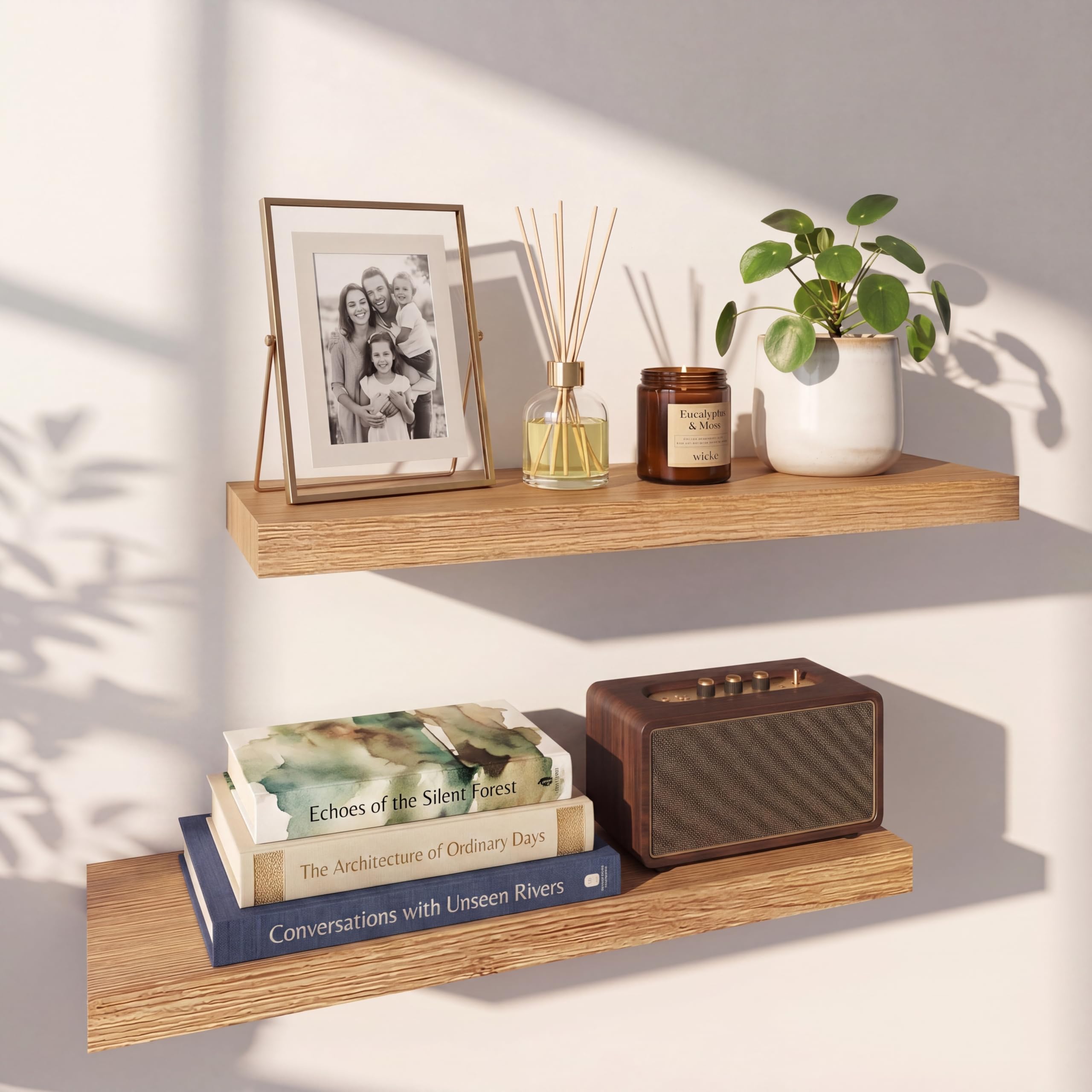 INHABIT UNION Floating Shelves for Wall,Wall Mounted Display Ledge Oak Shelves Perfect for Bedroom, Bathroom, Living Room and Kitchen Decoration Storage, Oak, 60cm — image 1