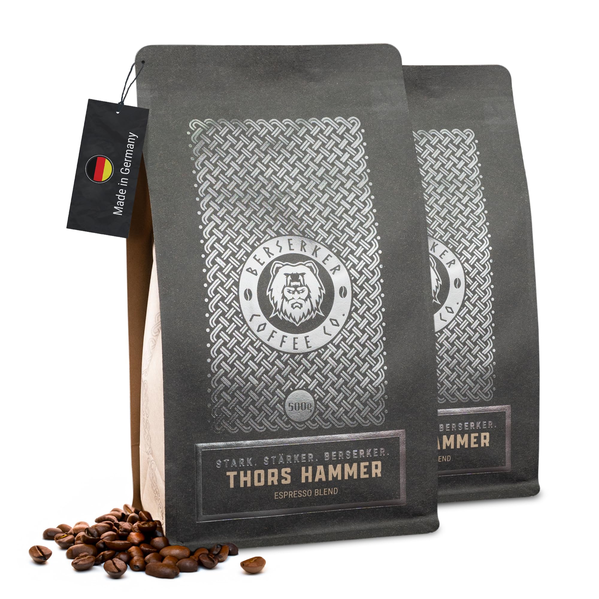 BERSERKER COFFEE - Thor's Hammer Espresso, 2x500g - italienische Dark Roast Kaffeebohnen, intensiv und vollmundig - für Siebträger, Vollautomat & Herdkanne - GANZE BOHNE