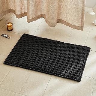 Black Bathroom Rug, Waffle Bath Mat Non Slip Washable Super Absorbent Qu...