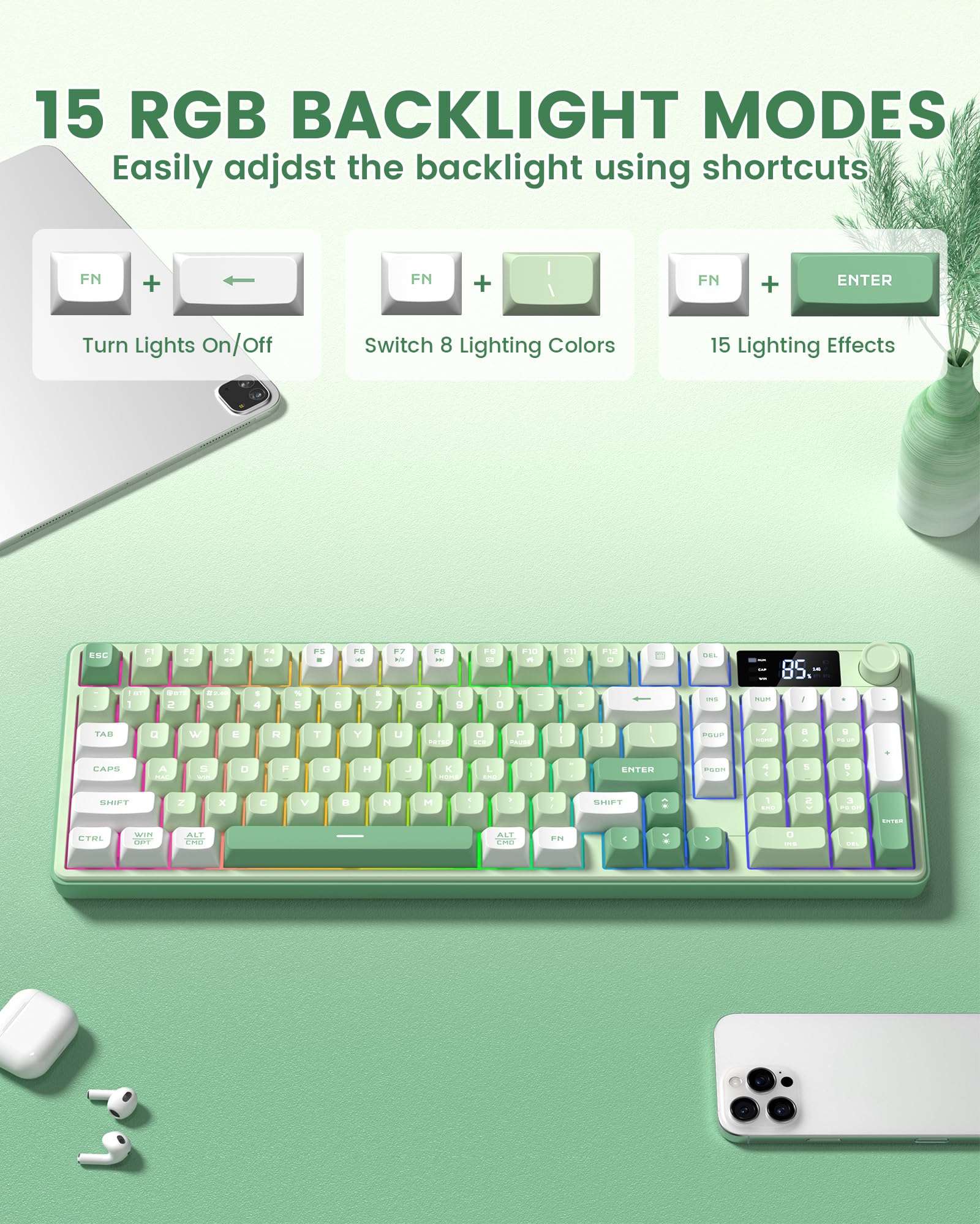 Keymatic Gaming Keyboard Wireless Creamy Keyboard with Media Knob & Screen Cute Keyboard Mechanical Feeling Membrane Keyboard with Number Pad RGB Backlit Tri-Mode BT/2.4GHz/USB-C - Green — view 4