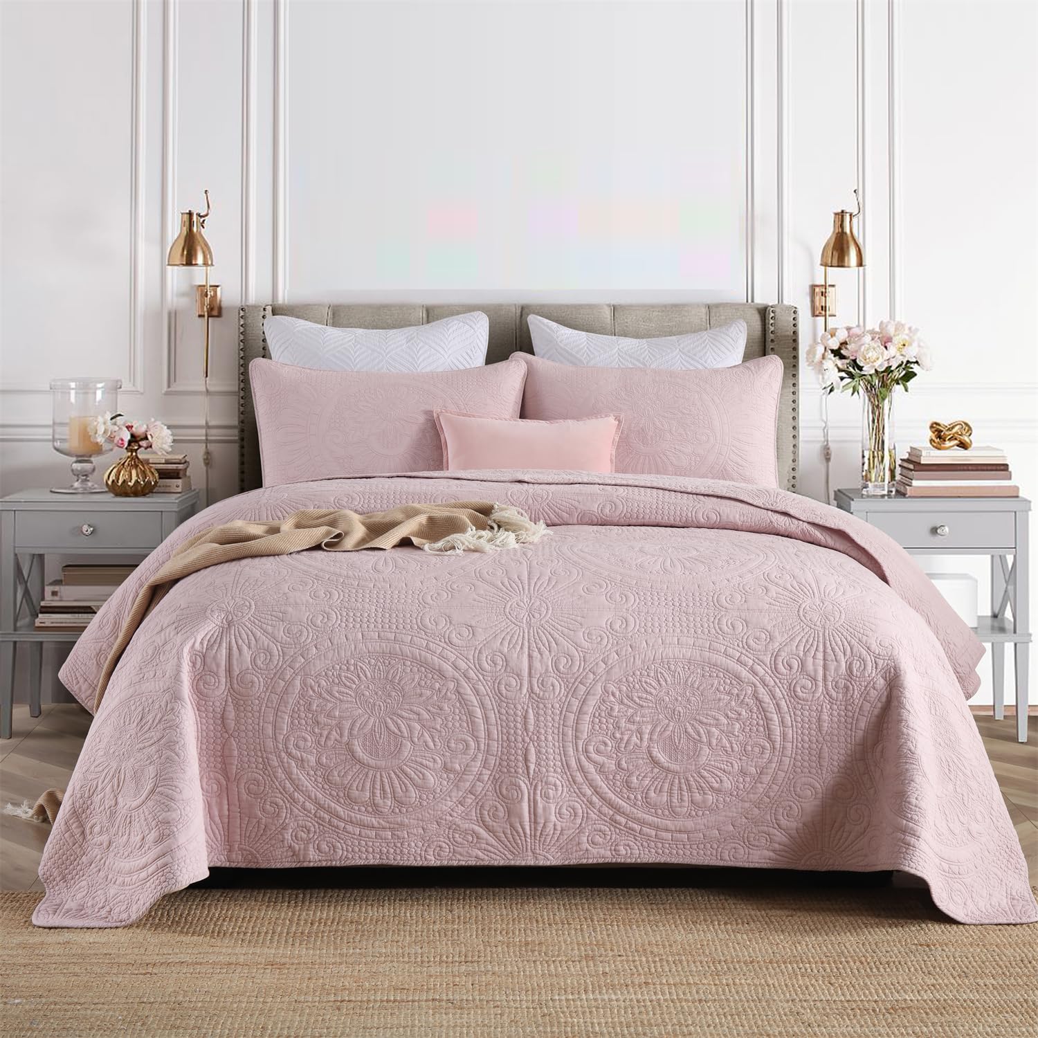 Brandream Set trapunta cotone beige trapunte full size fattoria di lusso leggero matelasse copriletto trapuntato set 3 pezzi