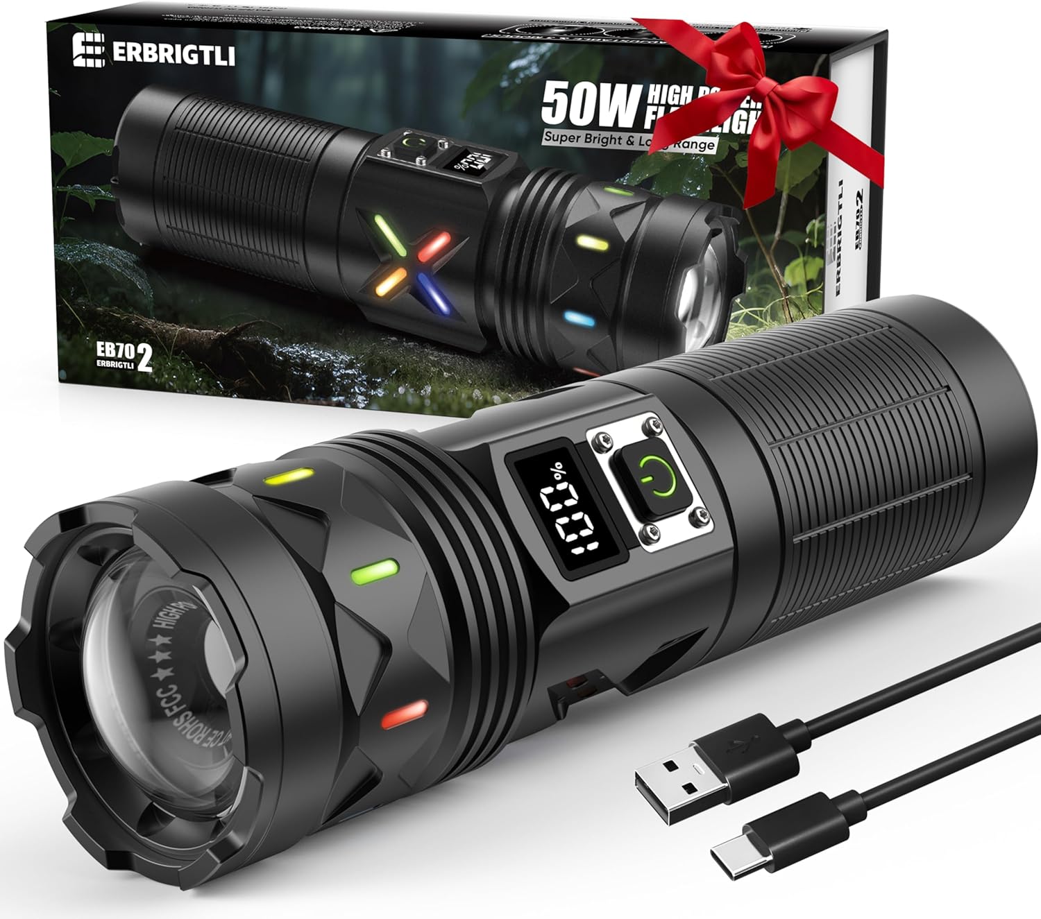 Flashlights Excessive Lumens 100000 Rechargeable, Tremendous Brilliant 50W LED, Lengthy Operating 15 Hours, USB C Enter & USB Output, Zoomable 3 Modes, Highly effective Robust Flash Gentle for Residence Climbing Tenting
