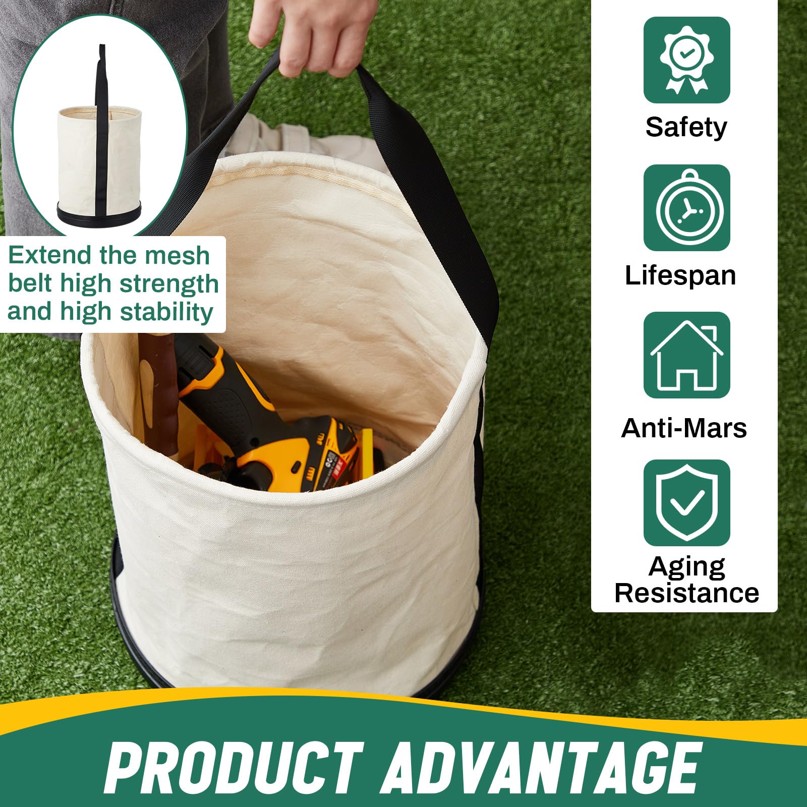2 cubos de lona multiusos de 14 x 9 pulgadas, capacidad de carga de hasta 150 libras, cubo de trabajo con parte inferior de plástico con agujeros de drenaje para almacenar accesorios