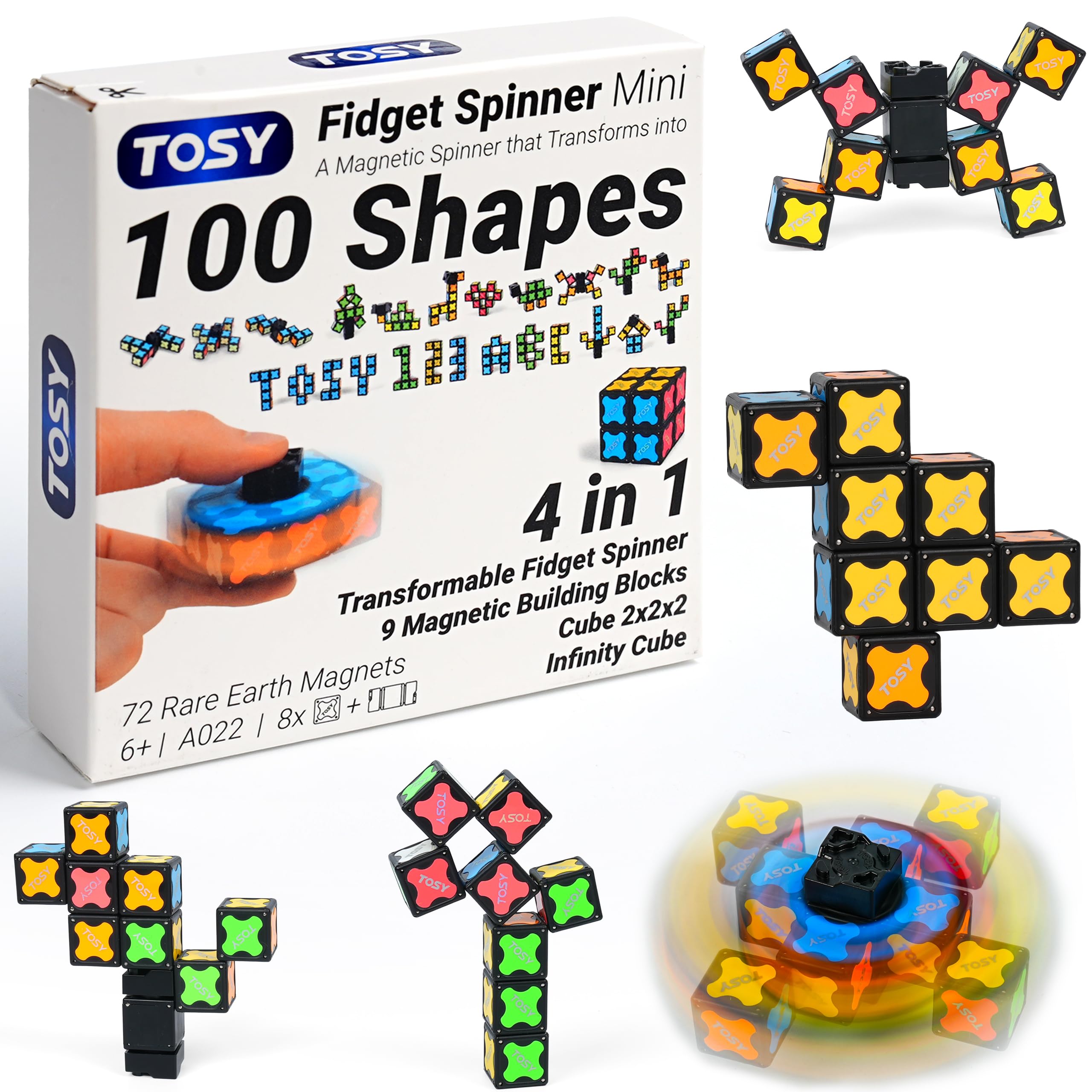 TOSY Magnet Fidget Spinner Mini - 8 blocks, 3 in 1 Toy: Transformable Fidget Spinner, Infinity Cube, 2x2 Puzzle Cube, Christmas Stocking Stuffers Gift for Kids/Adults, STEM Sensory Stress Relief Toy