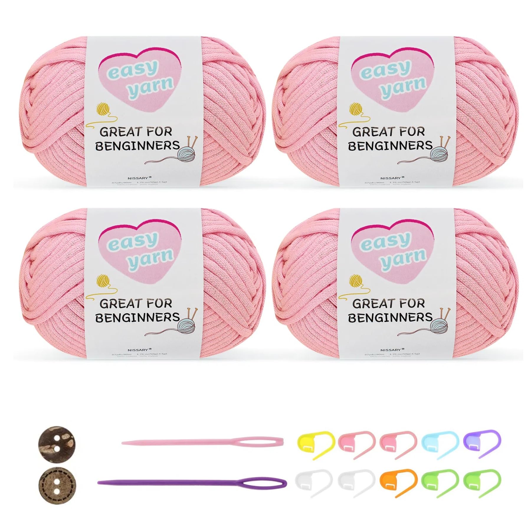 Nissary Chunky Crochet Yarn Kit for Beginners Thick Wool Cotton Amigurumi Yarn 4x50g Chunky Wool for Knitting Ideal Easy Crochet Starter Kit for All Your Crochet Projects (4-Pink)