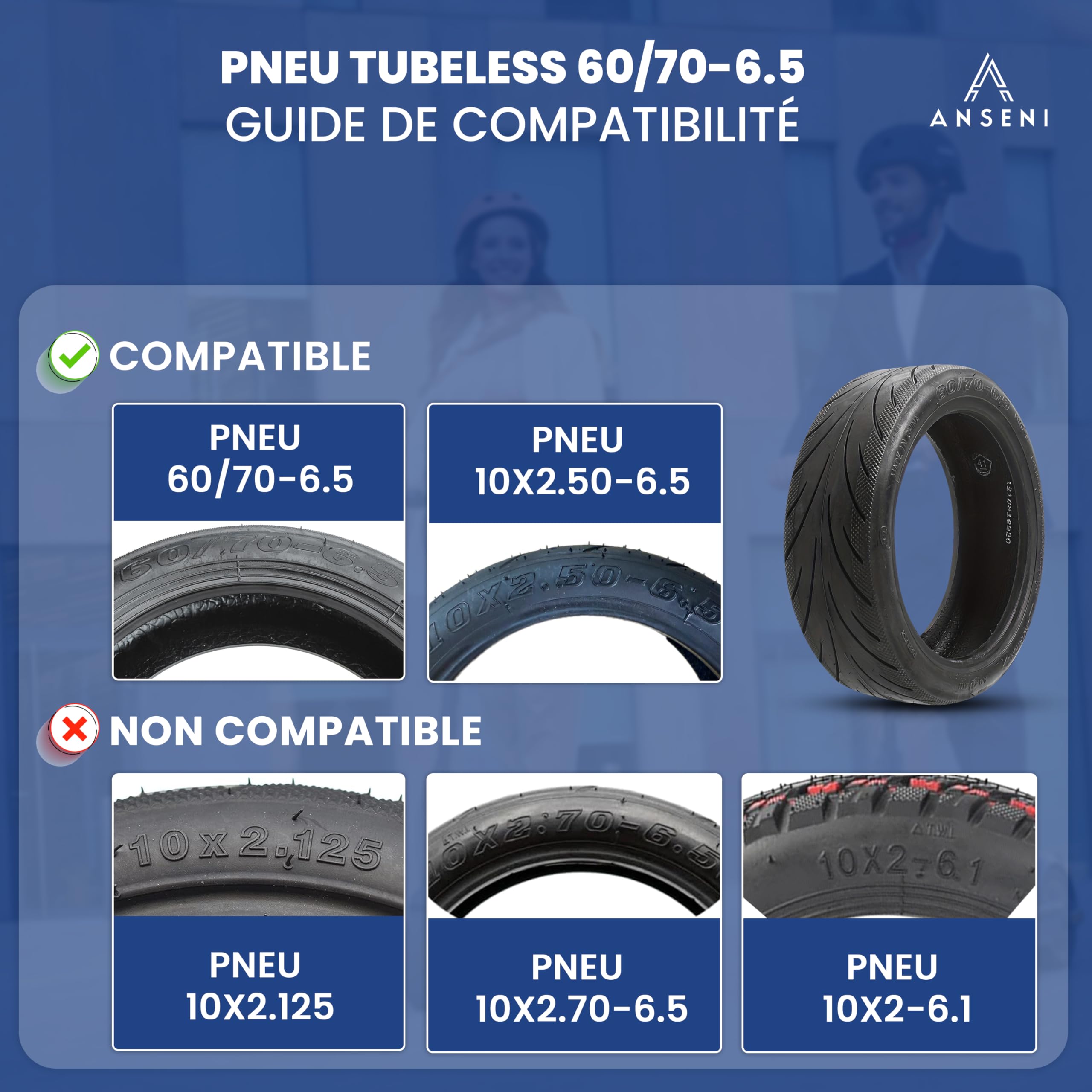 ANSENI Pneu 60/70-6.5, Roue 10 Pouces 10x2.50-6.5 compatible avec Trottinette Electrique Xiaomi 5/ 5Pro/ 5 Max/Segway Ninebot E3 E/Ninebot Max G30/G30D/ F2 Pro/Smartgyro K2 (1 unité)