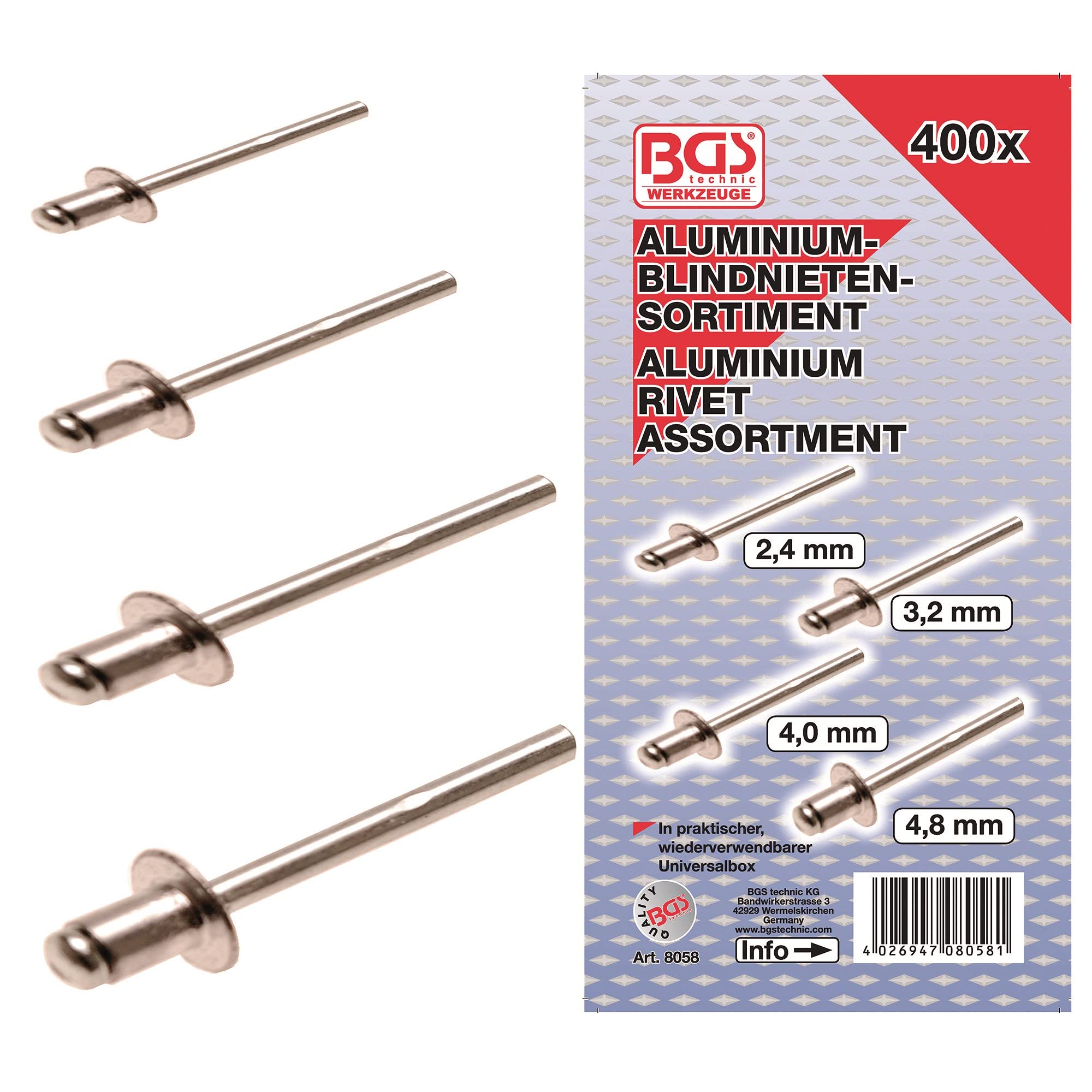 Bgs Colour 8058 | Blind Rivets Assortment | Aluminium | Ø 2.4 - 4.8 Mm | 400 Pcs.