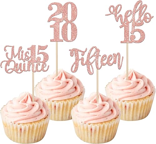 24 adornos para cupcakes de cumpleaños número 15 con purpurina para decoración de cupcakes con texto en inglés "Hello 15" (Mis Quince Quince Since