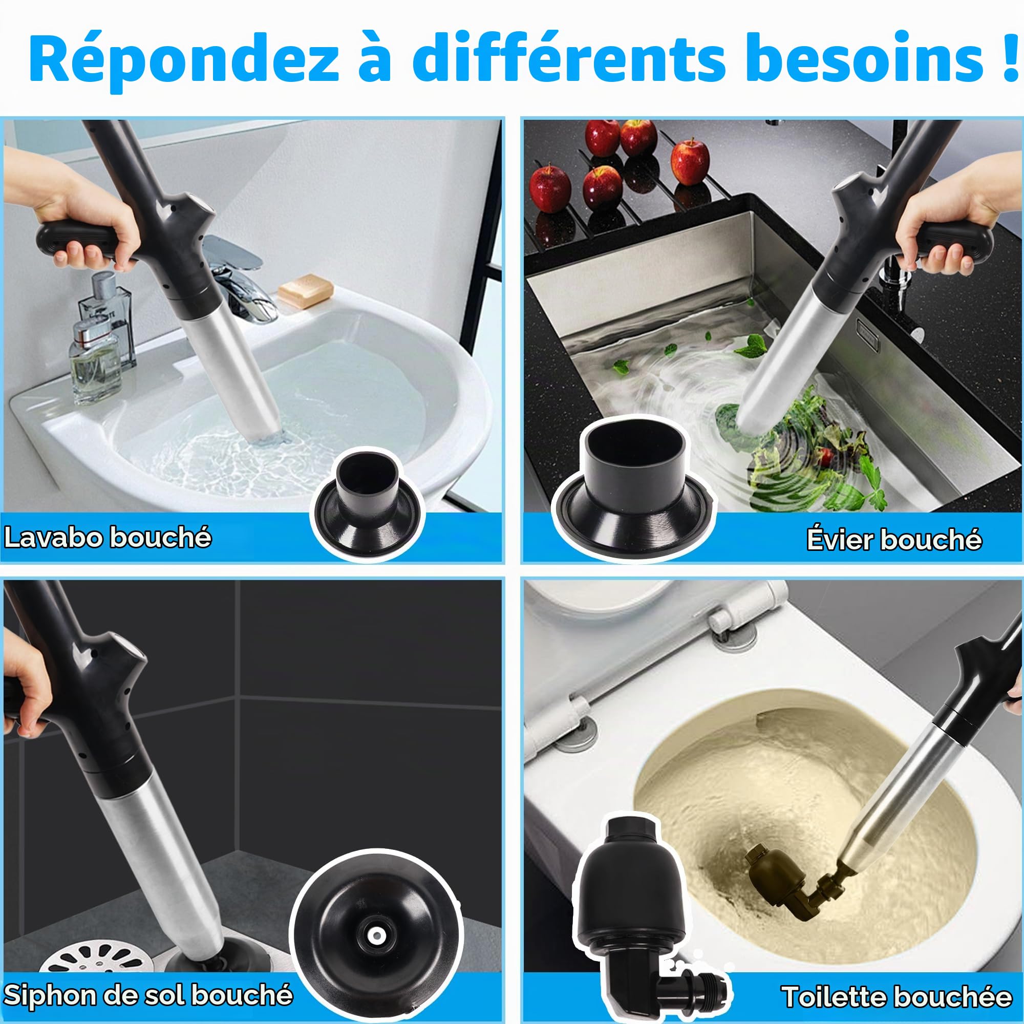 Déboucheur à air comprimé pour toilettes, déboucheur de canalisations, déboucheur à air comprimé haute pression avec baromètre en temps réel, puissant furet de débouchage, déboucheur pour lavabo, outi