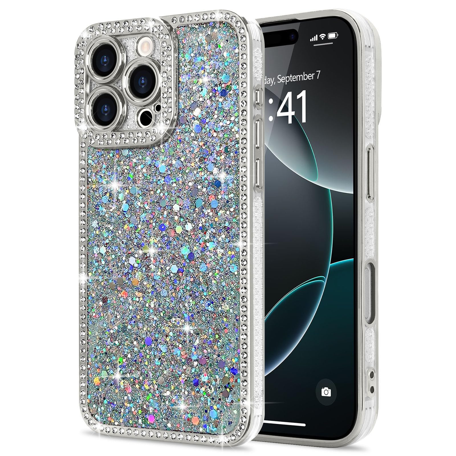 Lafunda Glitzer Hülle Kompatibel mit iPhone 16 Pro Max Handyhülle Mädchen Schuzhülle Glänzend Sparkle Diamond Hülle 3D Bling Kirstall mit Kameraschutz Case für iPhone 16 Pro Max Silber