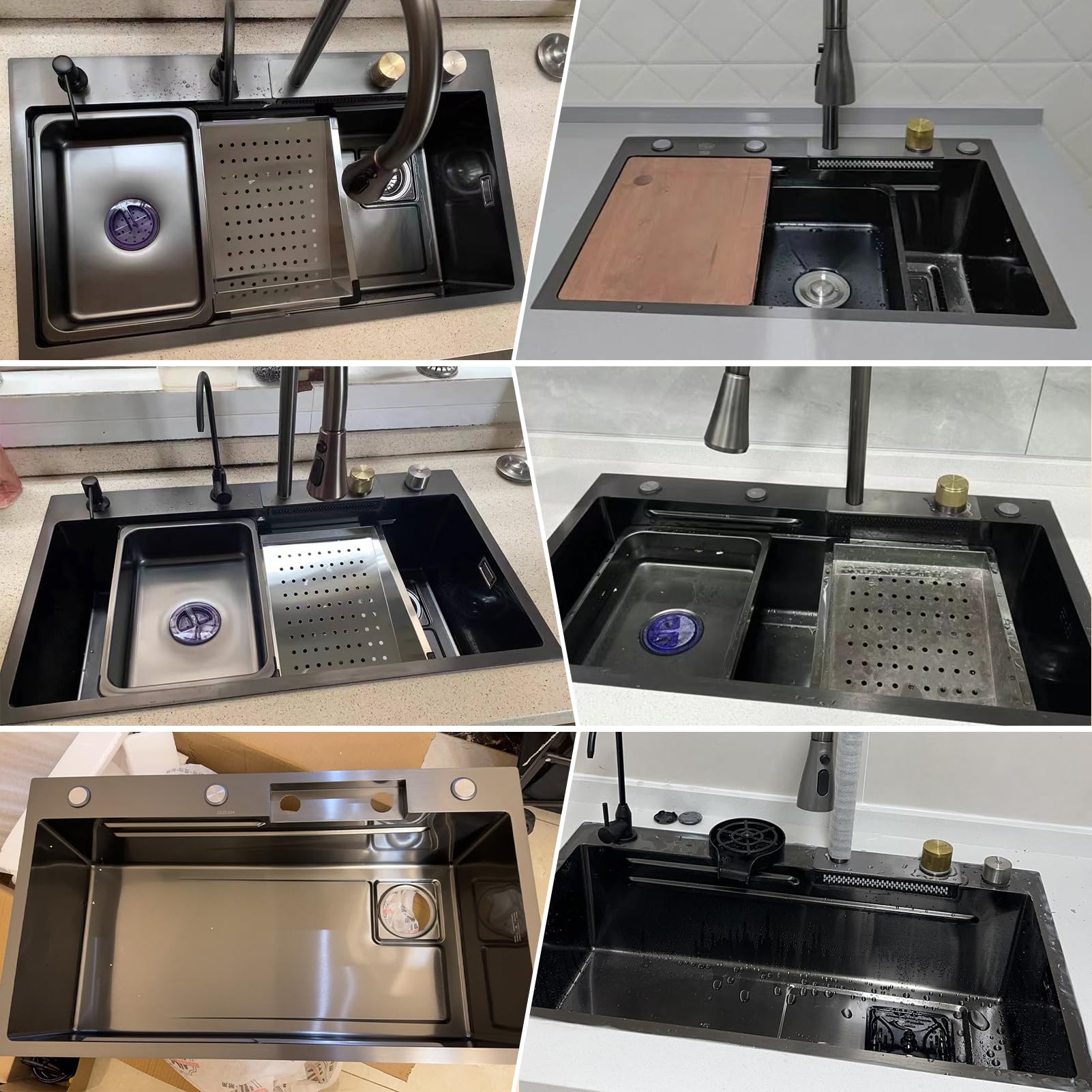 Fregadero de cocina multifuncional de acero inoxidable con efecto cascada, 85 × 50 cm, gran fregadero de estación de trabajo, fregadero individual con montaje en la parte superior, con botón