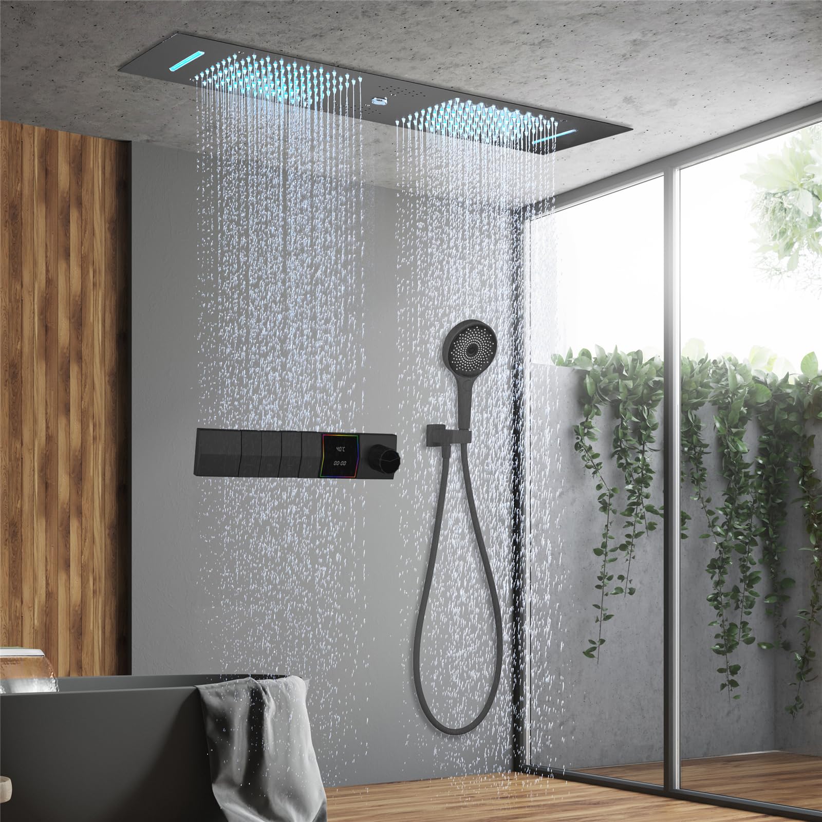 Sistema Doccia Termostatico Con Musica, 300x900mm Led 64 Colori 4 Funzioni Colonna Doccia A Incasso, Pioggia, Cascata, Colonna D'Acqua, Doccetta A 3 Funzioni,Corpo Termostatico In Ottone（Nero）