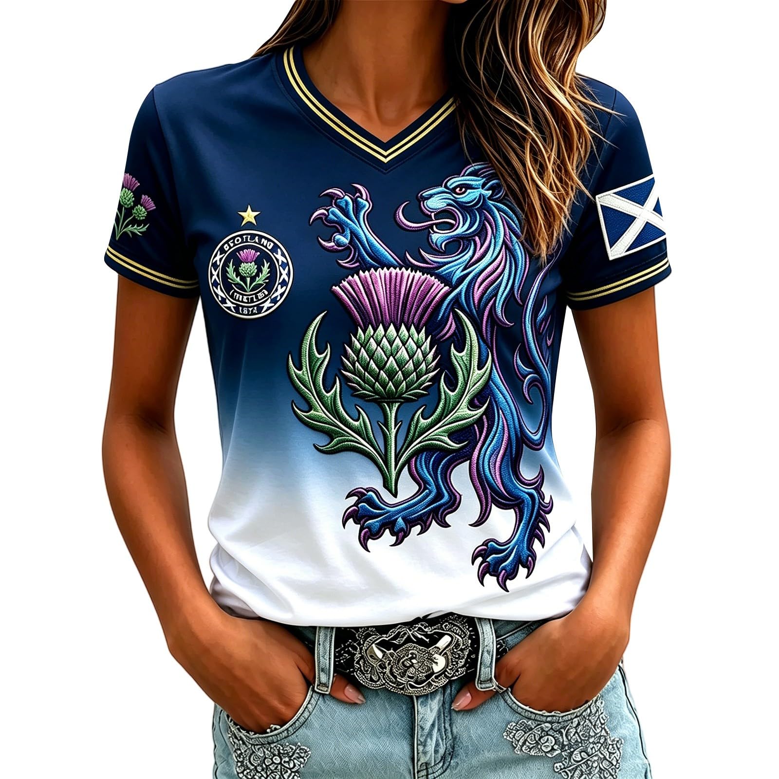 Scotland Football Tops Women 2026 World Cup Shirts Graphic Printed Sports Training Jerseys Lightweight Breathable England Football Shirt Short Sleeve V Neck Ladies Soccer T-Shirt Scotland Shirts