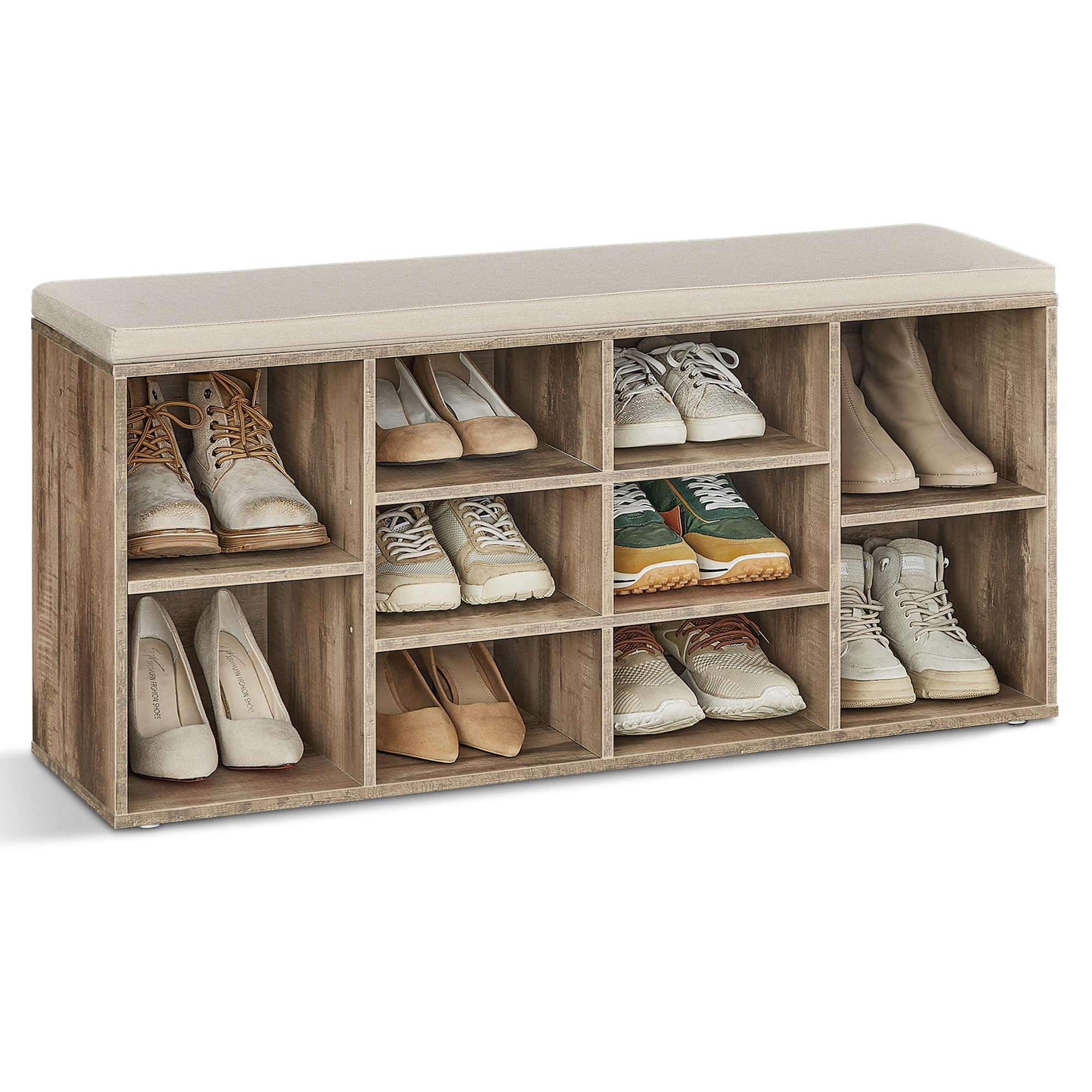 VASAGLE Shoe Bench, Shoe Shelf, Storage Cabinet, 10 Compartments, with Cushion, for Entryway, 104 x 30 x 48 cm, Ebony Black LHS010B08