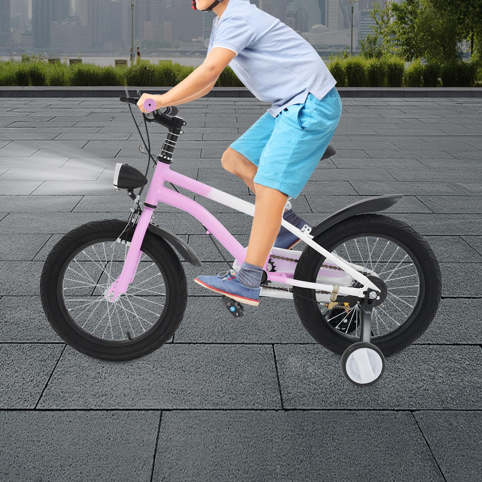 Vélo enfant 16 pouces avec lumière LED et roues stabilisatrices, vélo enfant pour enfants à partir de 5 à 8 ans, hauteur réglable, vélo à pédale, pour garçons et filles, formation en plein air