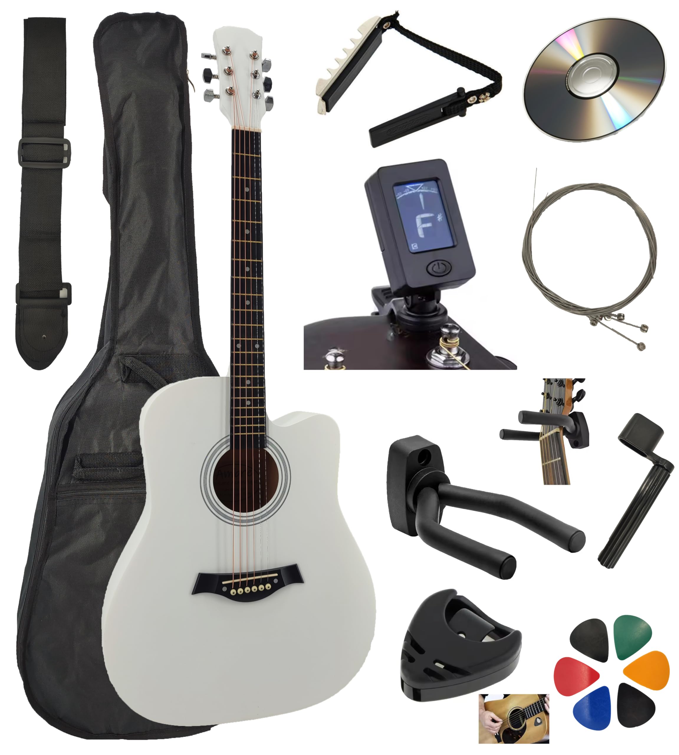 Guitare Acoustique Folk 4/4 Adulte 41 Pouces + 10 Accessoires + Cour Vidéo et CD (Blanc)