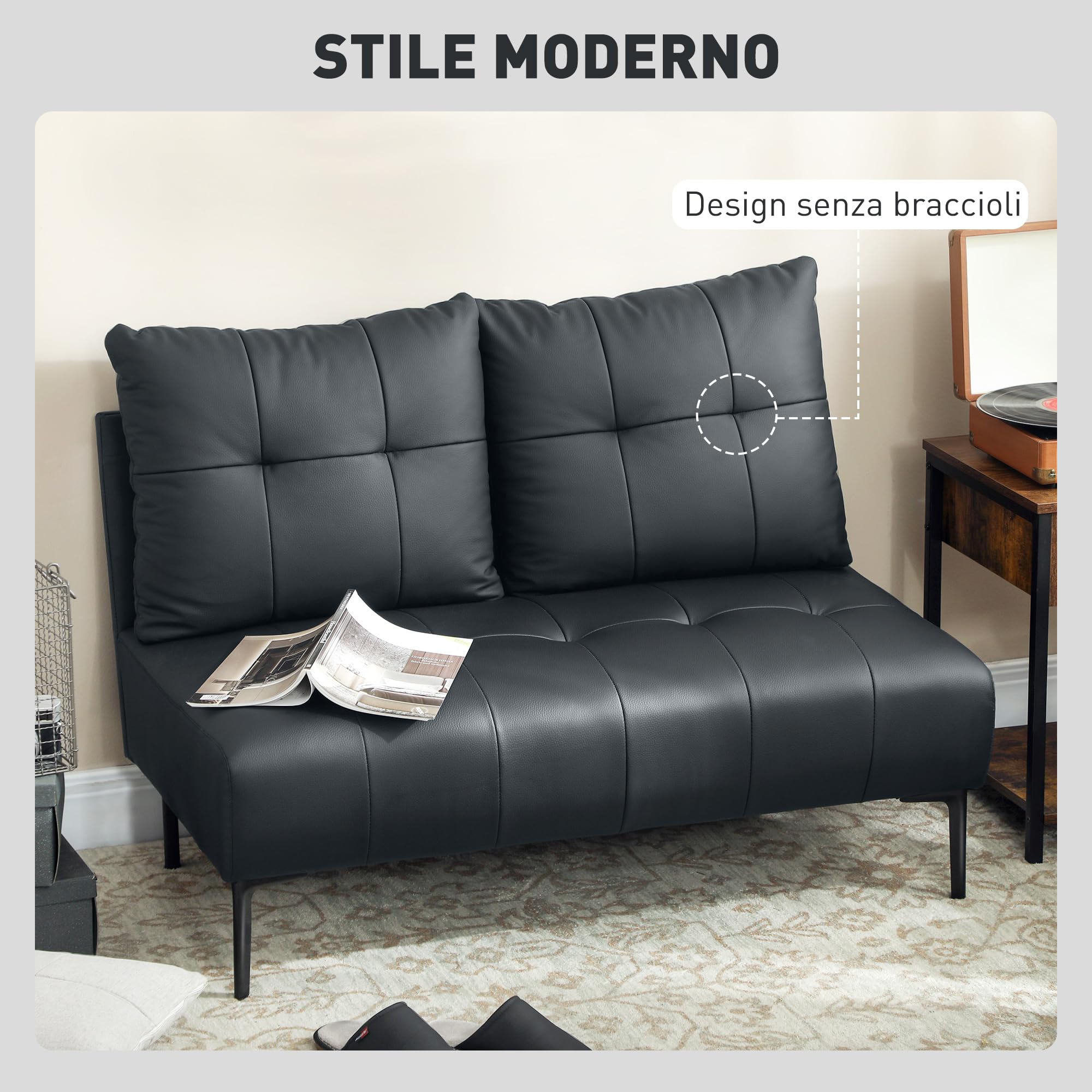 HOMCOM Divano 2 Posti Compatto in Finta Pelle, Divano Moderno Trapuntato a Bottoni con Imbottitura Spessa e Gambe in Legno, Divanetto Senza Braccioli per Salotto e Studio, 115x73x83 cm, Nero