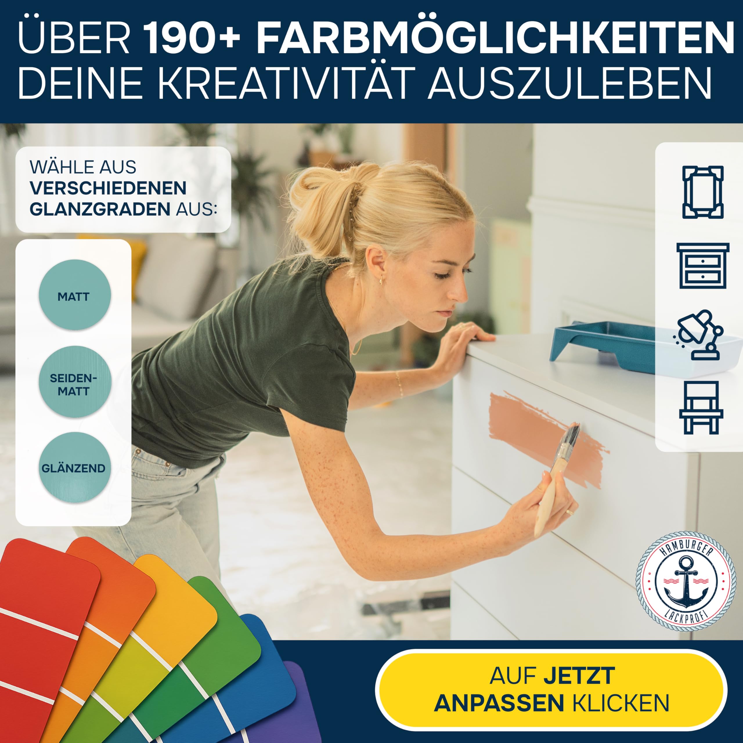 Hamburger Lack-Profi Möbelfarbe ohne Schleifen FARBAUSWAHL - GLANZAUSWAHL Möbellack Holz und Metall - für Innen & Außen (1 L)