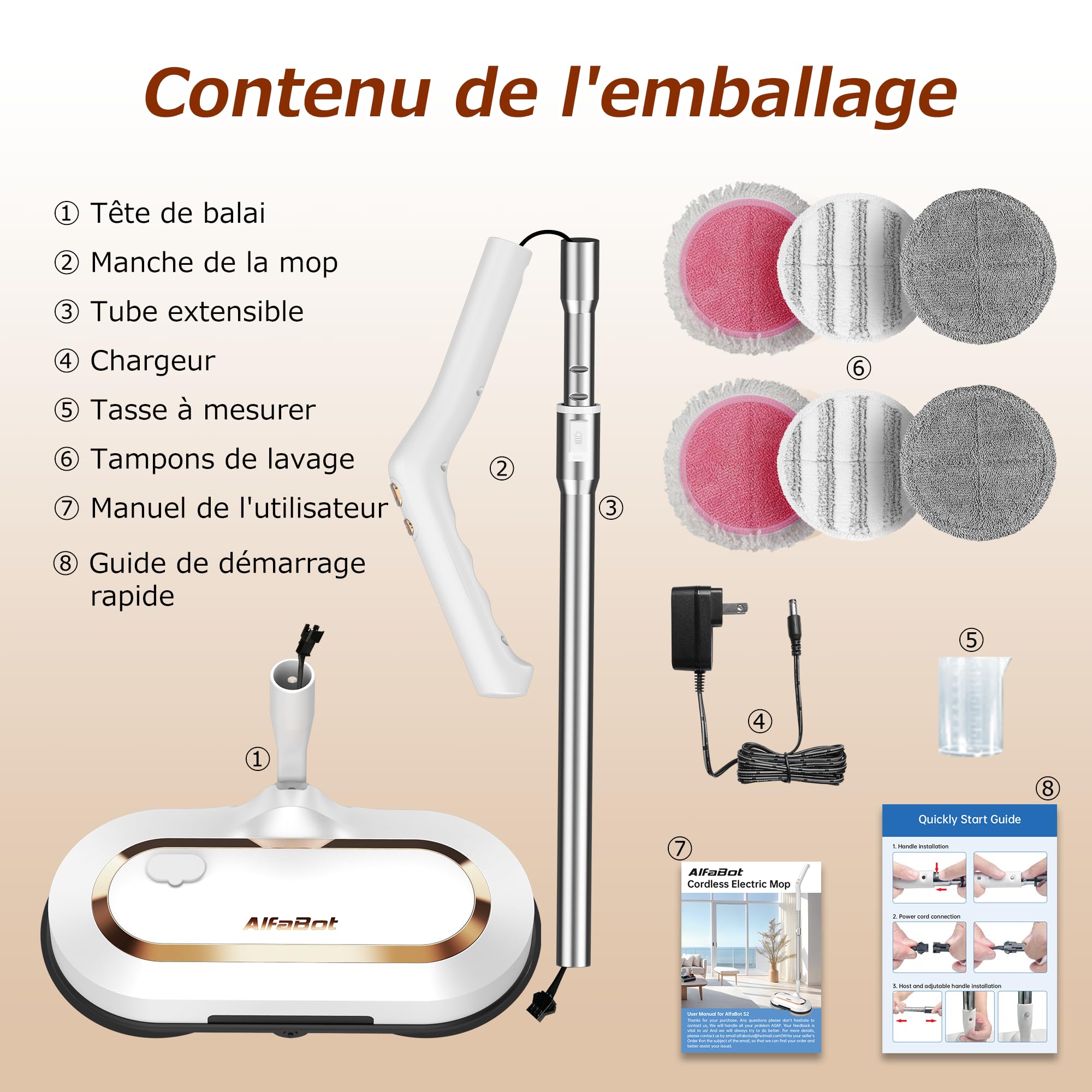 AlfaBot S2 Balai Électrique Sans Fil | Grand Réservoir 400mL | Autonomie 60 Min | Nettoyeur de Sol avec LED et Pulvérisateur | Pour Parquet & Carrelage | Balai Rotatif Léger 1,7kg