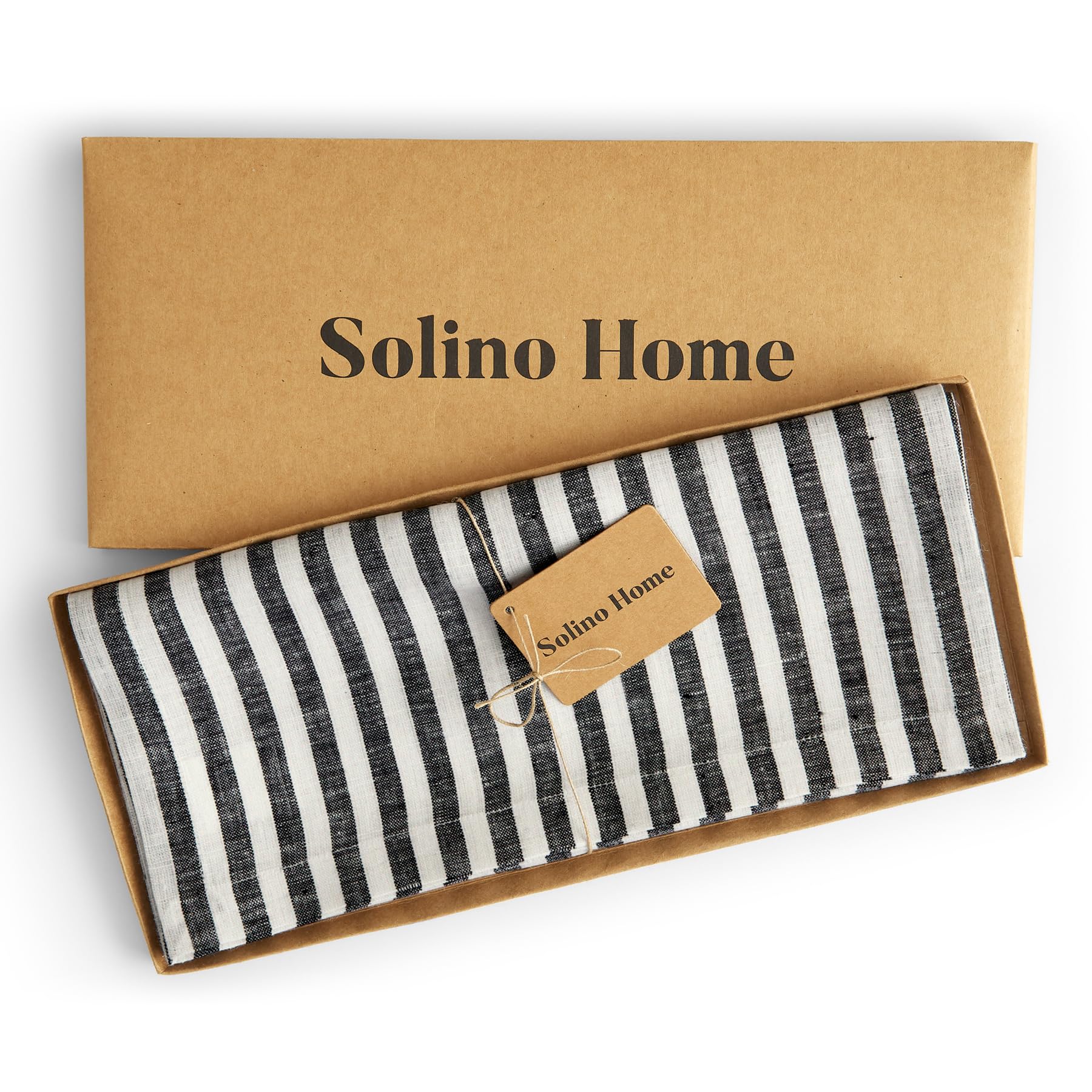Solino Home Camino de mesa de lino a rayas de 72 pulgadas de largo, 100 % lino puro, color blanco y negro, 35,5 x 183 cm, ideal para comedor, boda, fiestas, primavera, día de la madre, Pascua, rayas