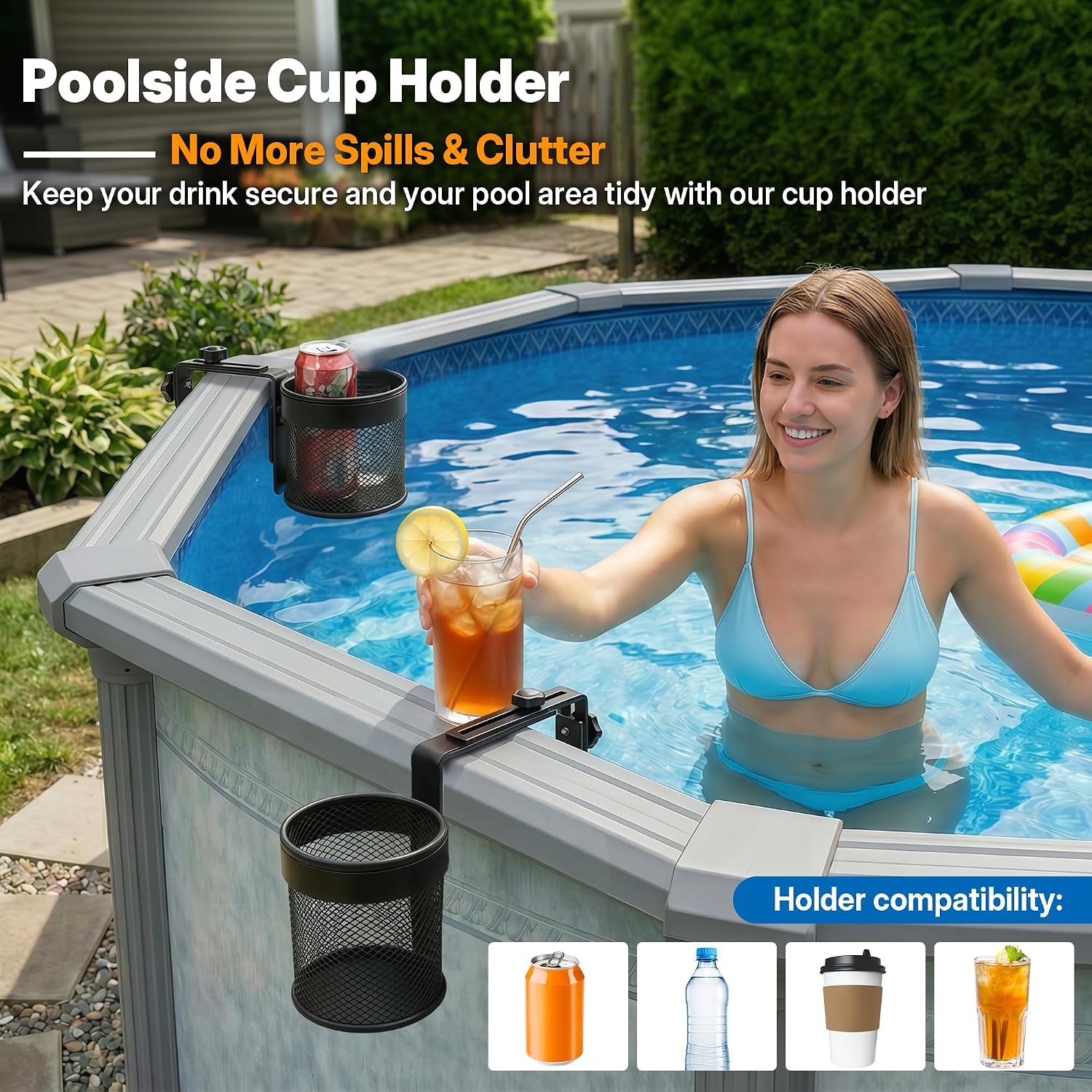 Poolside Cup Holders for Above Ground Pool Drink Holders Metal Round, Adjustable Pool Bar Above Ground Pool Accessories Fits 5" - 9" Square Top Only for Deck, Truck, Patio