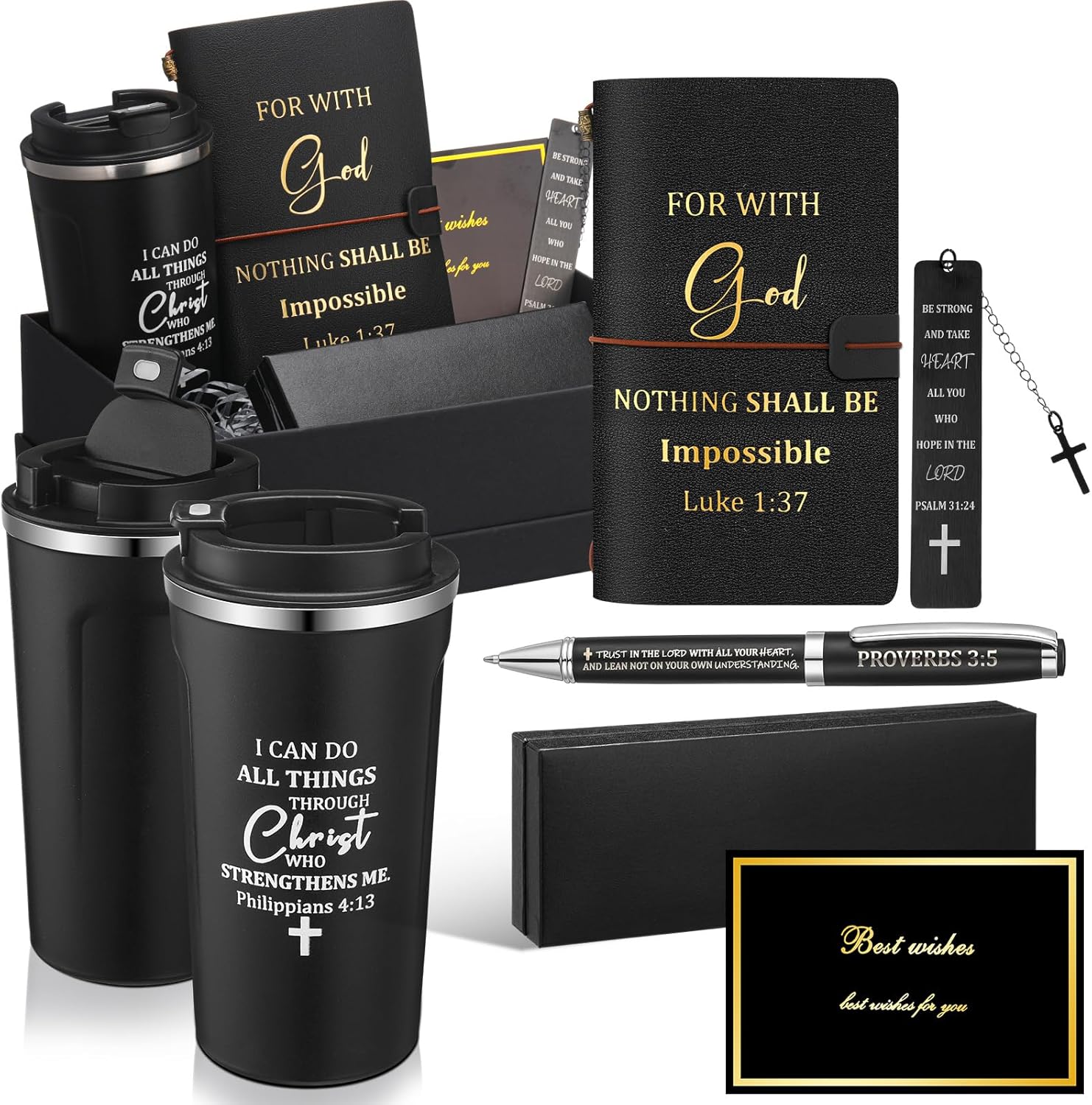6 Pcs Valentines Christian Gift Set for Men 17 oz Stainless Tumbler Notebook Religious Metal Bookmark Pen with Box and 1 Refills Greeting Card for Valentines Pastor Appreciation Gift(Black)